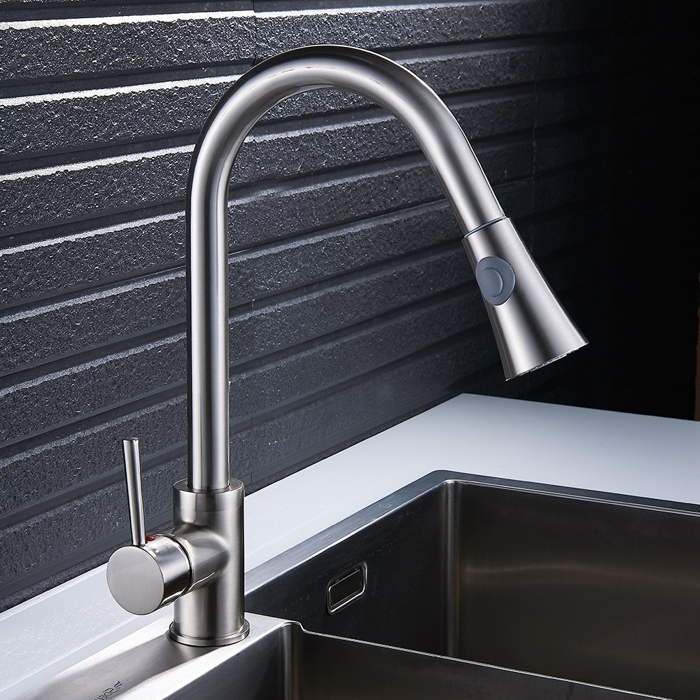 Hotbestus Modern High Arc Single Handle Deck Mounted Pull Out Kitchen Sink Faucet with Pull Down Sprayer Brushed Nickel Single Lever (1/2"connector, Brushed)