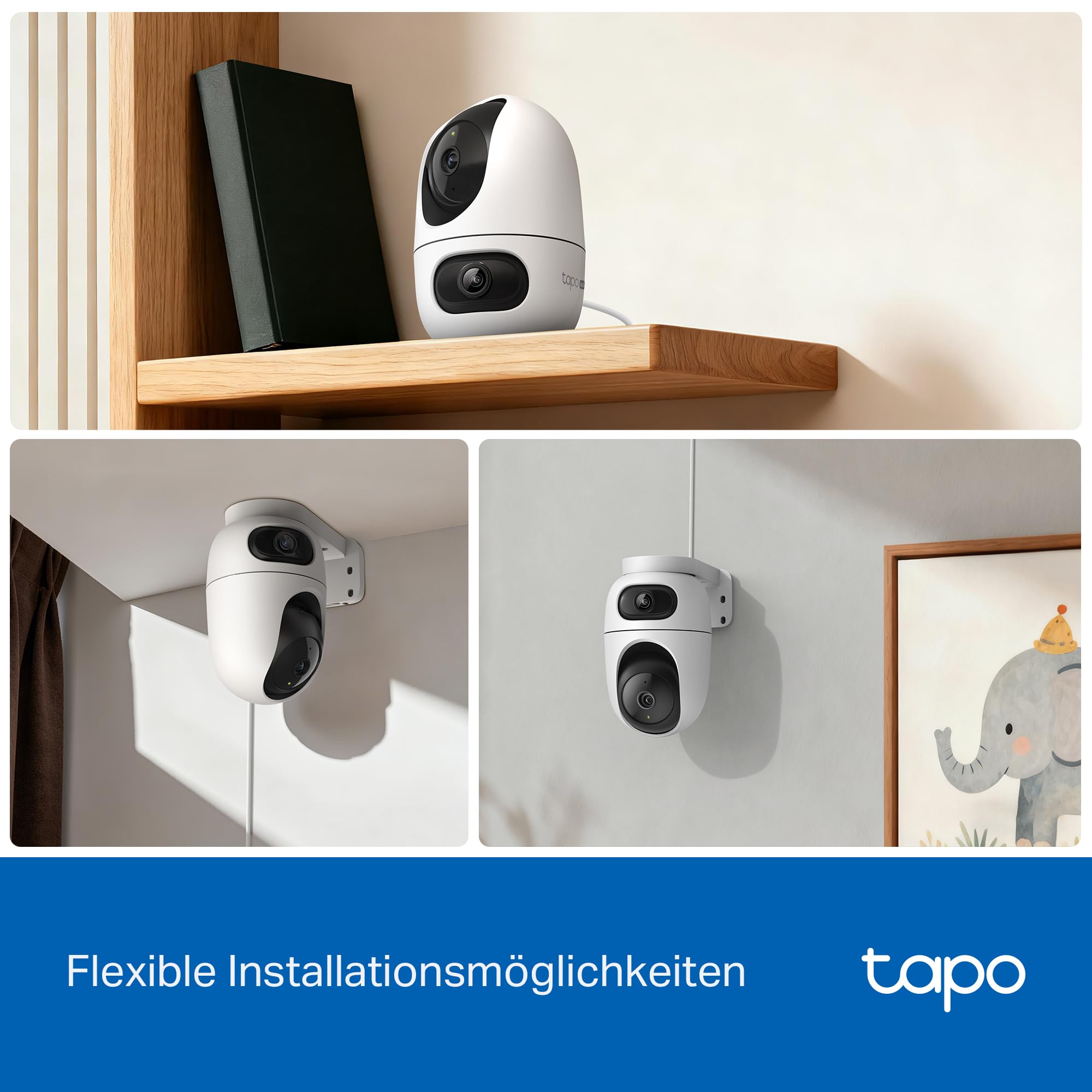 Tapo C245D Dual Kamera Überwachung Innen, 2K Weitwinkel- & Teleobjektiv, 2 Bereiche gleichzeitig überwachen, KI-Erkennung ohne ABO, IR-Nachtsicht, lokale Speicher mit Micro-SD oder H500 CentralHub