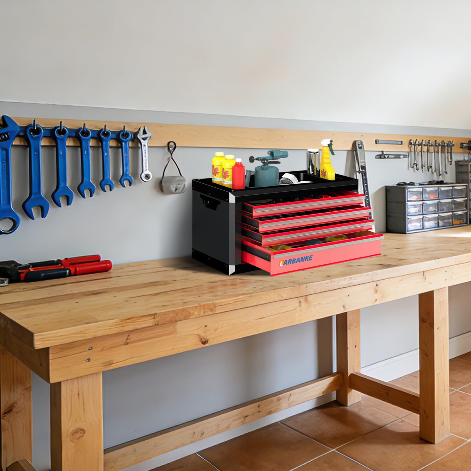 LARBANKE Boîte à outils à 4 tiroirs, boîte à outils portable avec serrure et clés, boîte à outils avec plan de travail étanche et résistant à la rouille, coin anti-collision, tiges de connexion