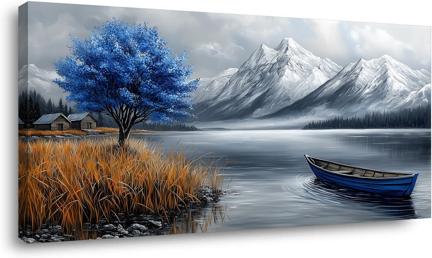 GAFSING Navy Blue Lake Wall Art for Living Room Office Calming Boat Mountain Cabin Painting Prints Vintage Canvas Artwork Farmhouse Bedroom Decor (16x32 Inches)