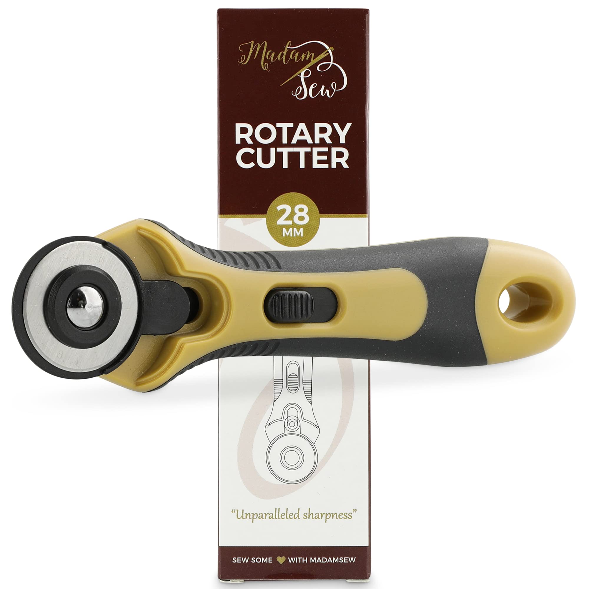 Madam Sew 28mm Rotary Cutter for Fabric | Precision Cloth Cutting Tool with Tungsten Steel Blade and Safety Guard | For Sewing, Arts & Crafts with Comfortable Handle | Craft Supplies