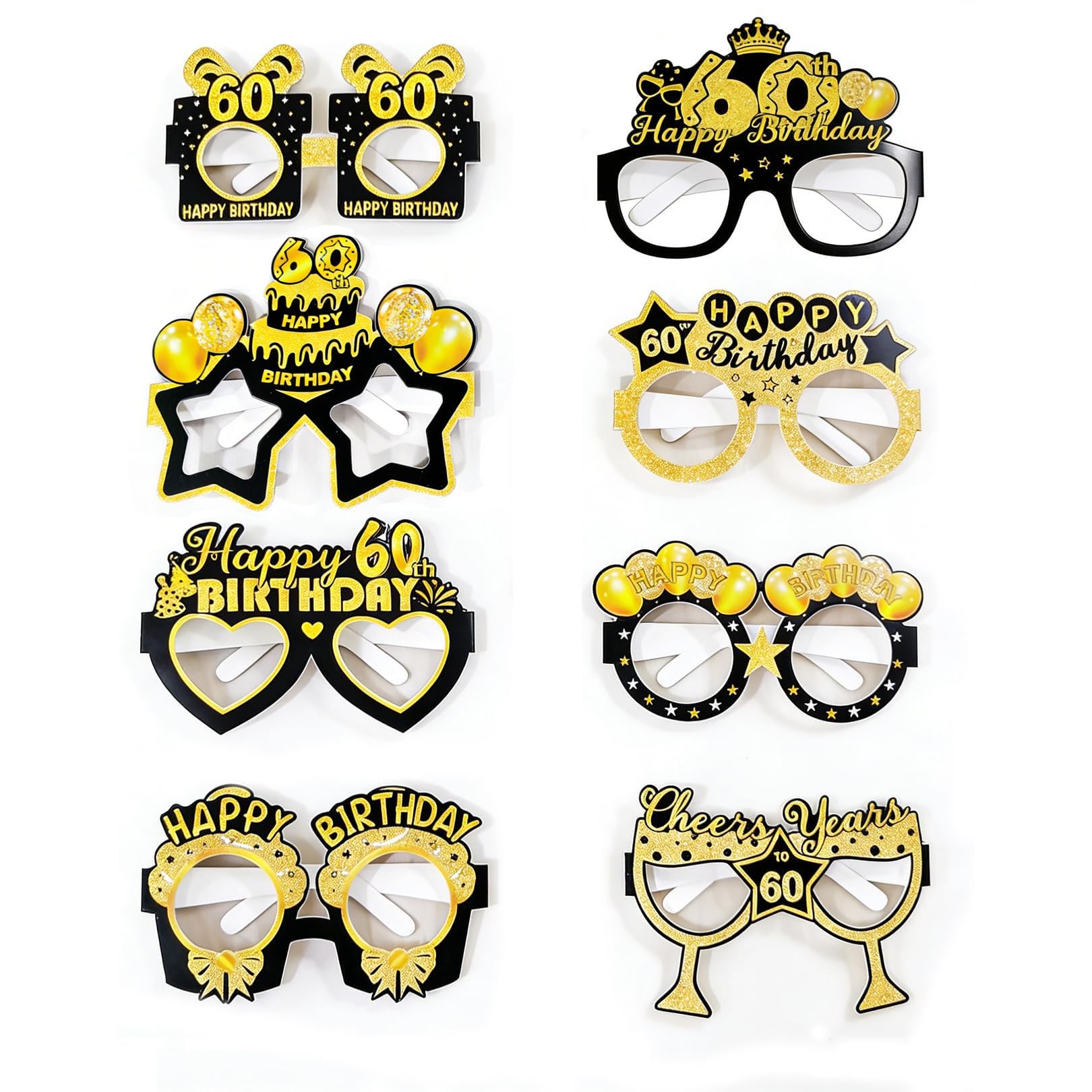 60th Birthday Glasses, 8PCS 60th Birthday Party Glasses, Birthday Paper Eyeglasses,Happy Birthday Photo Booth Props Gift for Men Women Her His 60 Years Happy 60th Birthday Party Decoration Supplies