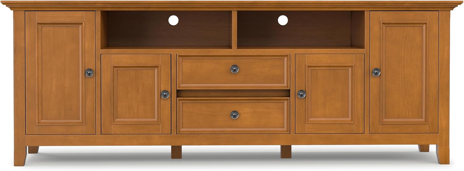 SIMPLIHOME Amherst TV Stand - 72 inch Wide Solid Wood Media Console in Light Golden Brown, Transitional Entertainment Center for Living Room for TVs up to 80 Inches with Shelves and Cable Management
