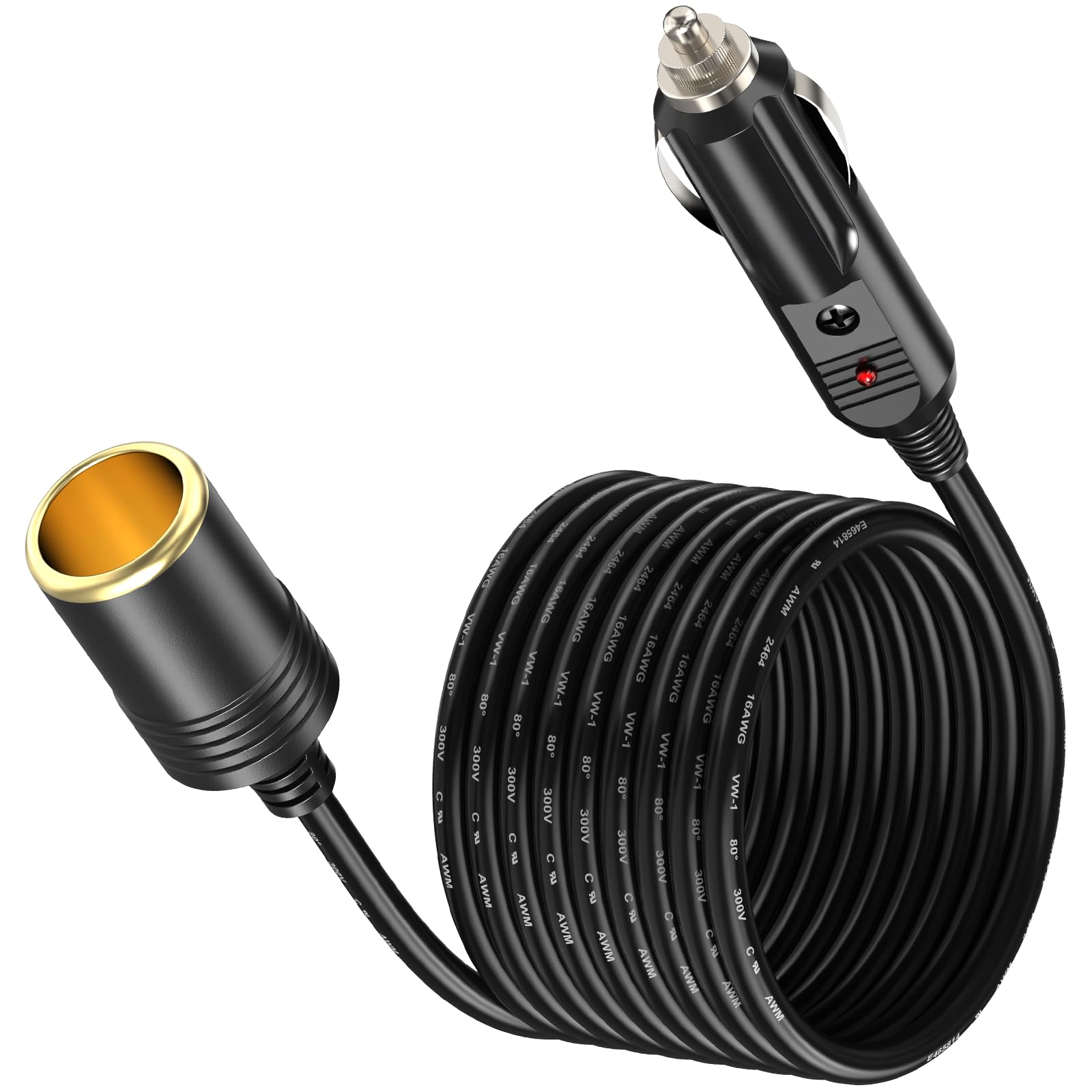 Amacam12V/24V Car Charger Extension-Heavy Duty 5.0 Metre Cable with Female Inline Socket Connector. Suitable for Tyre Inflators Vacuum Cleaners and Other Portable Equipment Requiring Hefty Power.