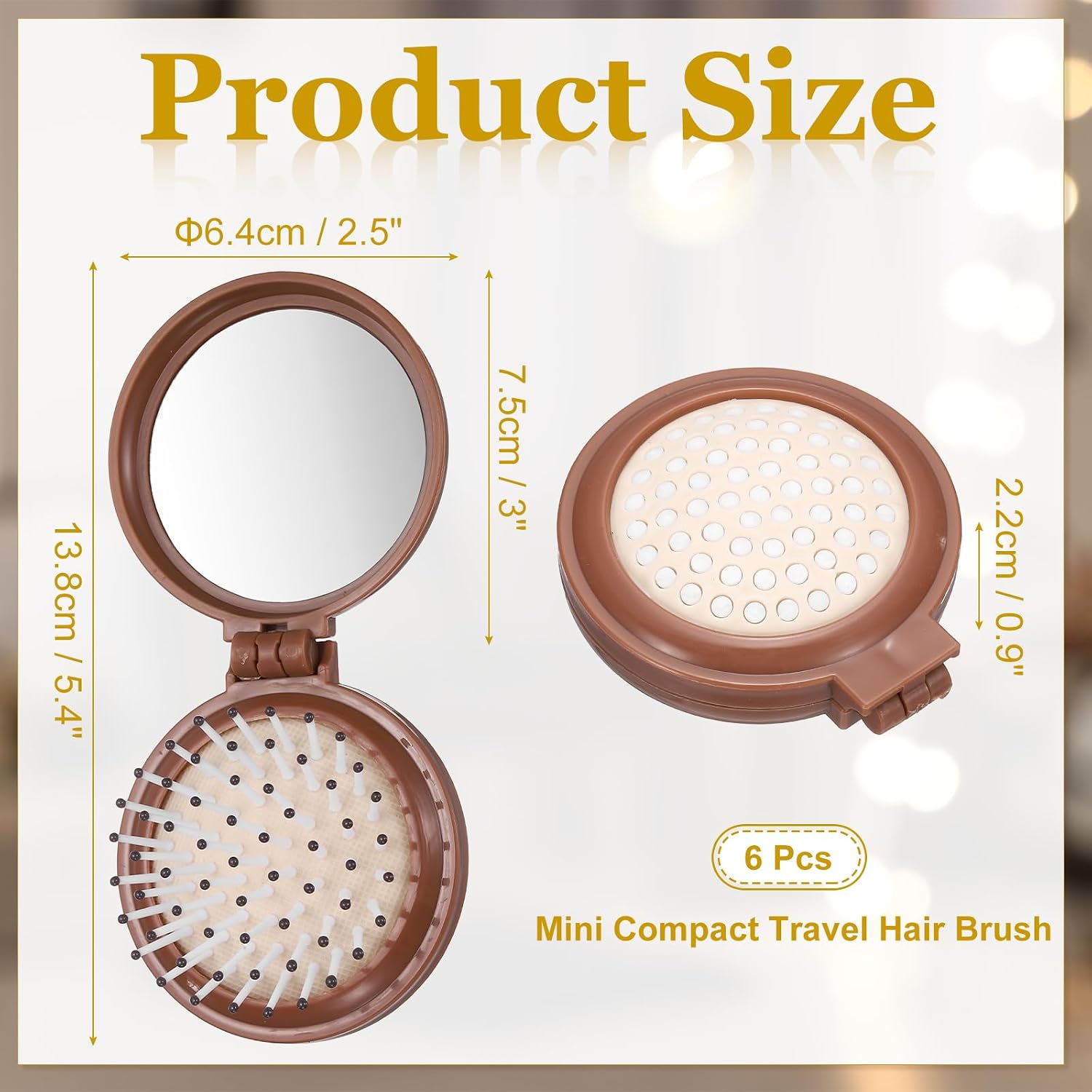uxcell 6 Pcs Mini Compact Travel Hair Brush, Round Folding Hairbrush Pocket Hair Brush with Mirror, Compact Massage Comb for Purse, Women Girls Travel Daily Use, Coffee image 2