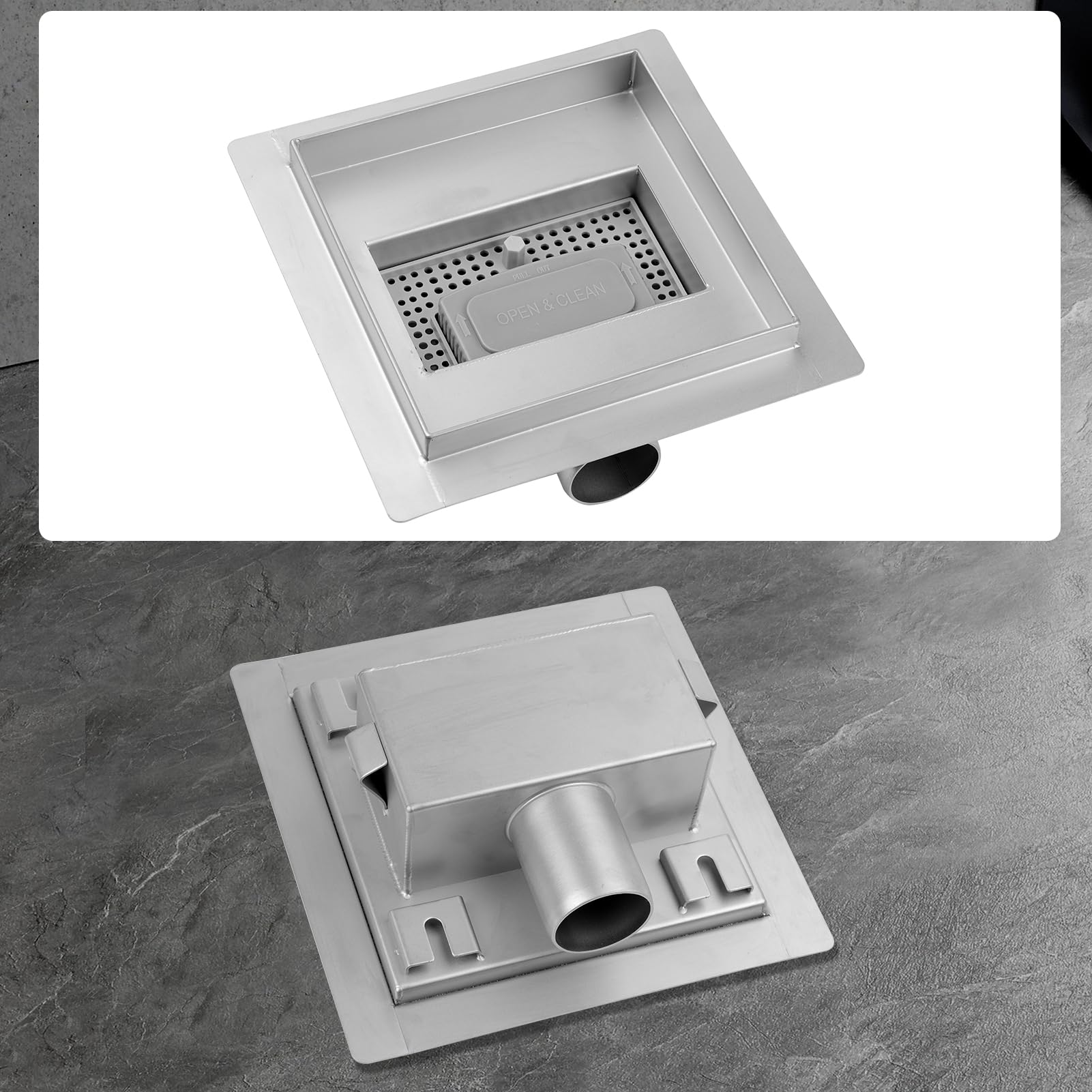 Canalina per Doccia Quadrata 15 x 15 cm 2 in 1 Inox Scarico Doccia | Filtro Antiodore e Filtro per Capelli,Canalina Doccia Filo Pavimento,Inseribile Piastrelle,Scarico Rapido,Facile da Pulire