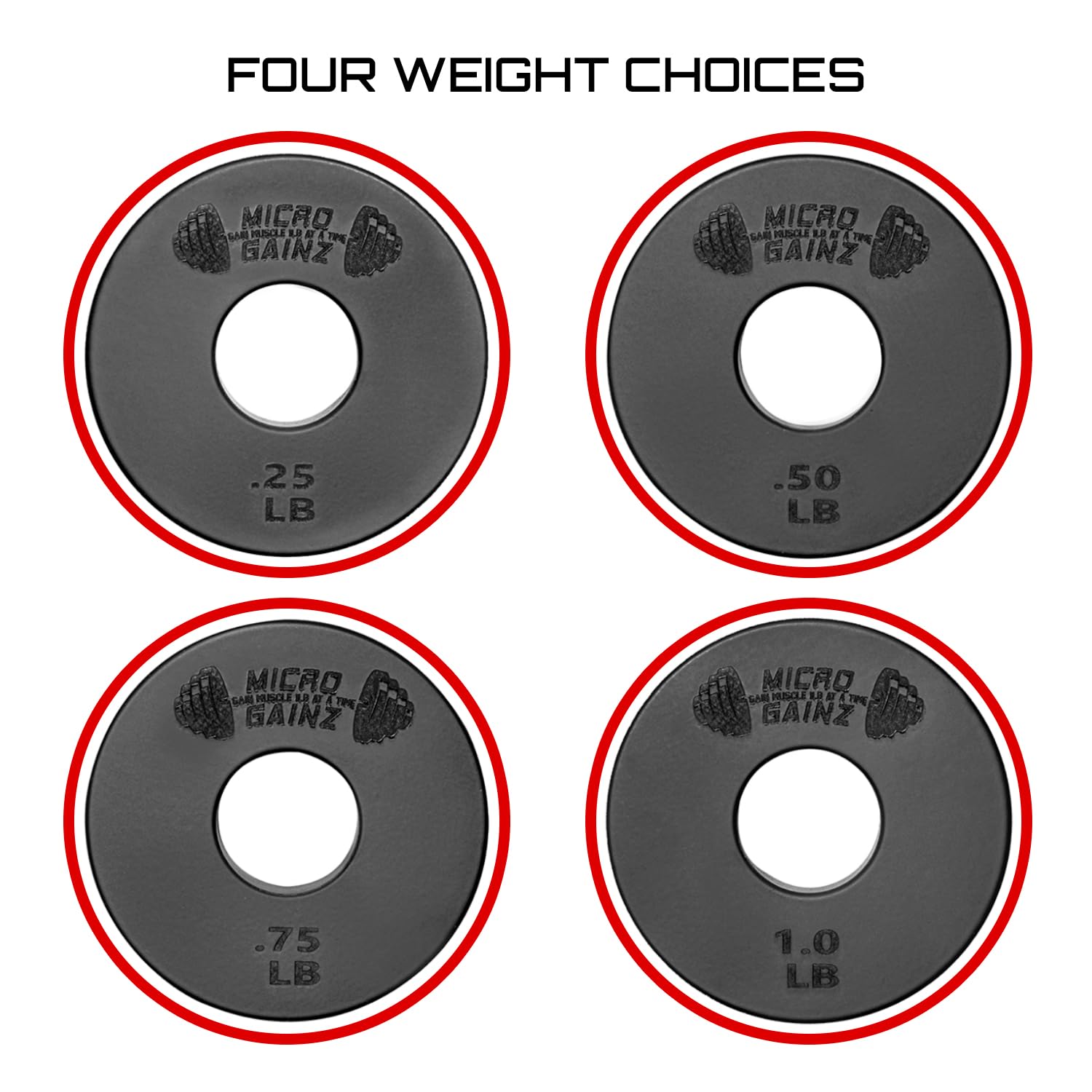 Micro Gainz Standard 1-Inch Center Hole Fractional Weight Plate Set of .25LB-.50LB-.75LB-1LB Plates (8 Plate Set) w/Bag- Designed for Standard 1-Inch Barbells and Dumbbells, Made in USA - Image 4