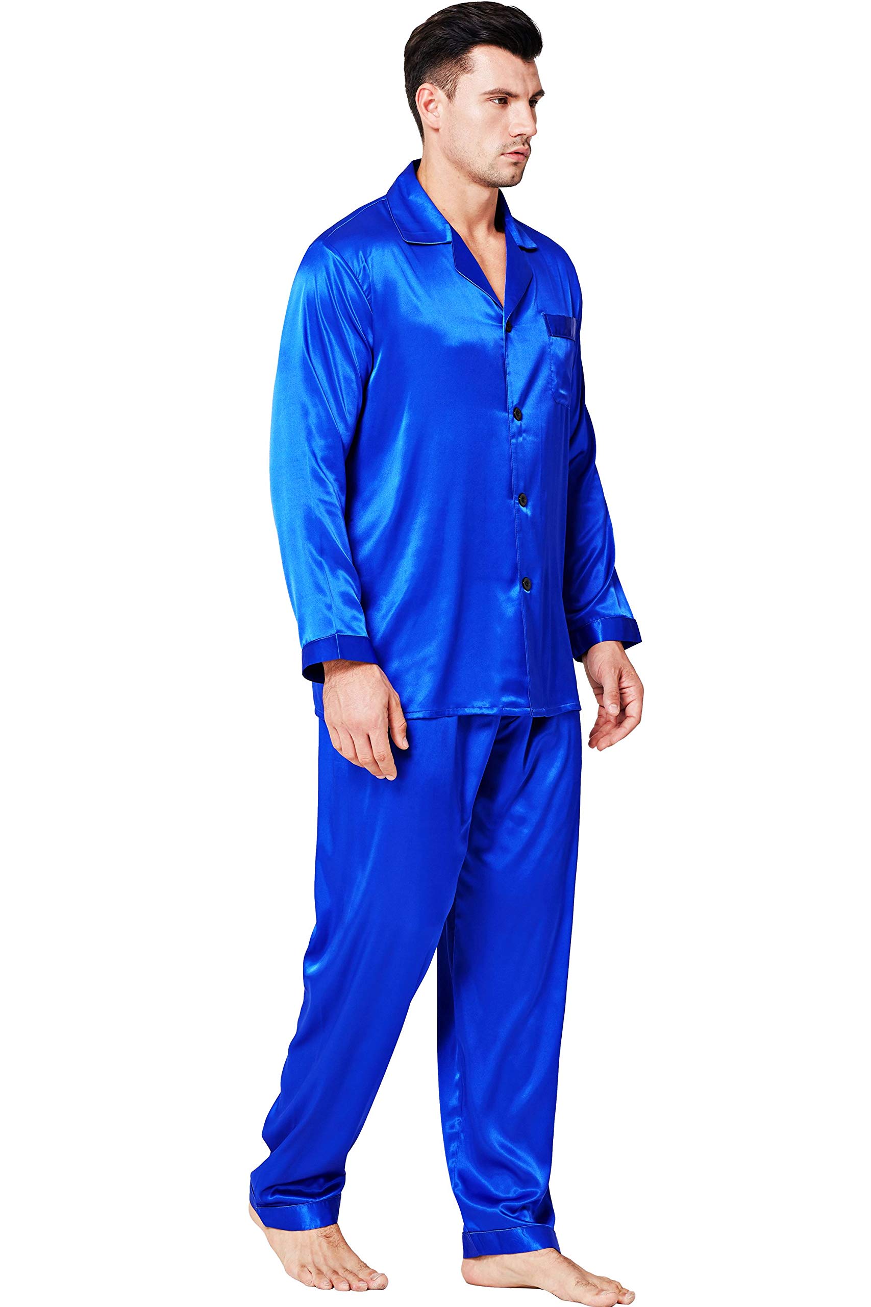 LonxuPajamas Set Mens Silk Satin Pajamas Long Sleeve Loungewear Two-Piece Sleepwear Button-Down Pj Set S-XXXXL