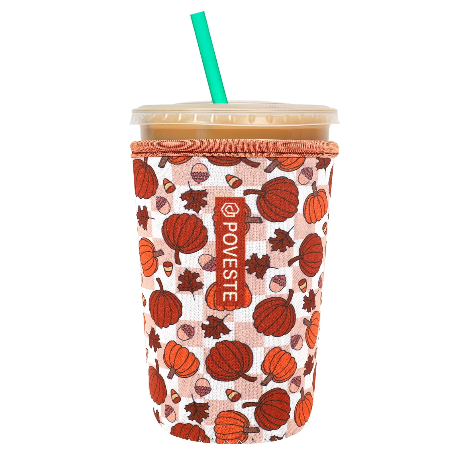 Reusable Neoprene Insulator Sleeve for Iced Coffee &amp; Cold Soda, Coffee Sleeves for Iced &amp; Hot Drinks, Cold Beverage Cooler Compatible with Starbucks, Dunkin (Checkerboard Pumpkin, Medium: 22-24oz)