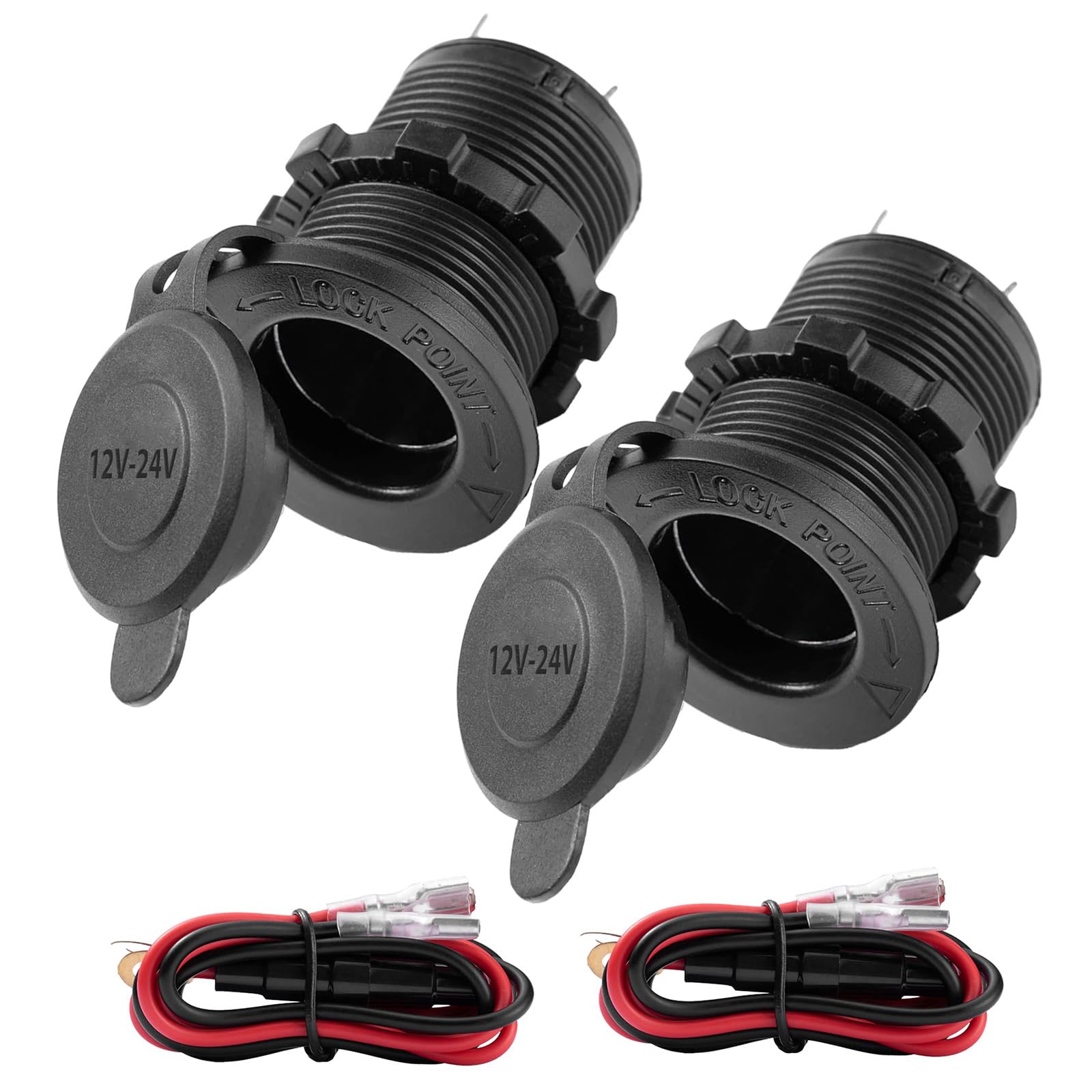 2 Pack Cigarette Lighter Socket, Universal 12V/24V Car Cigarette Lighter Socket, Waterproof Power Outlet Receptacle for Car Marine Motorcycle ATV RV, with Extension Cable