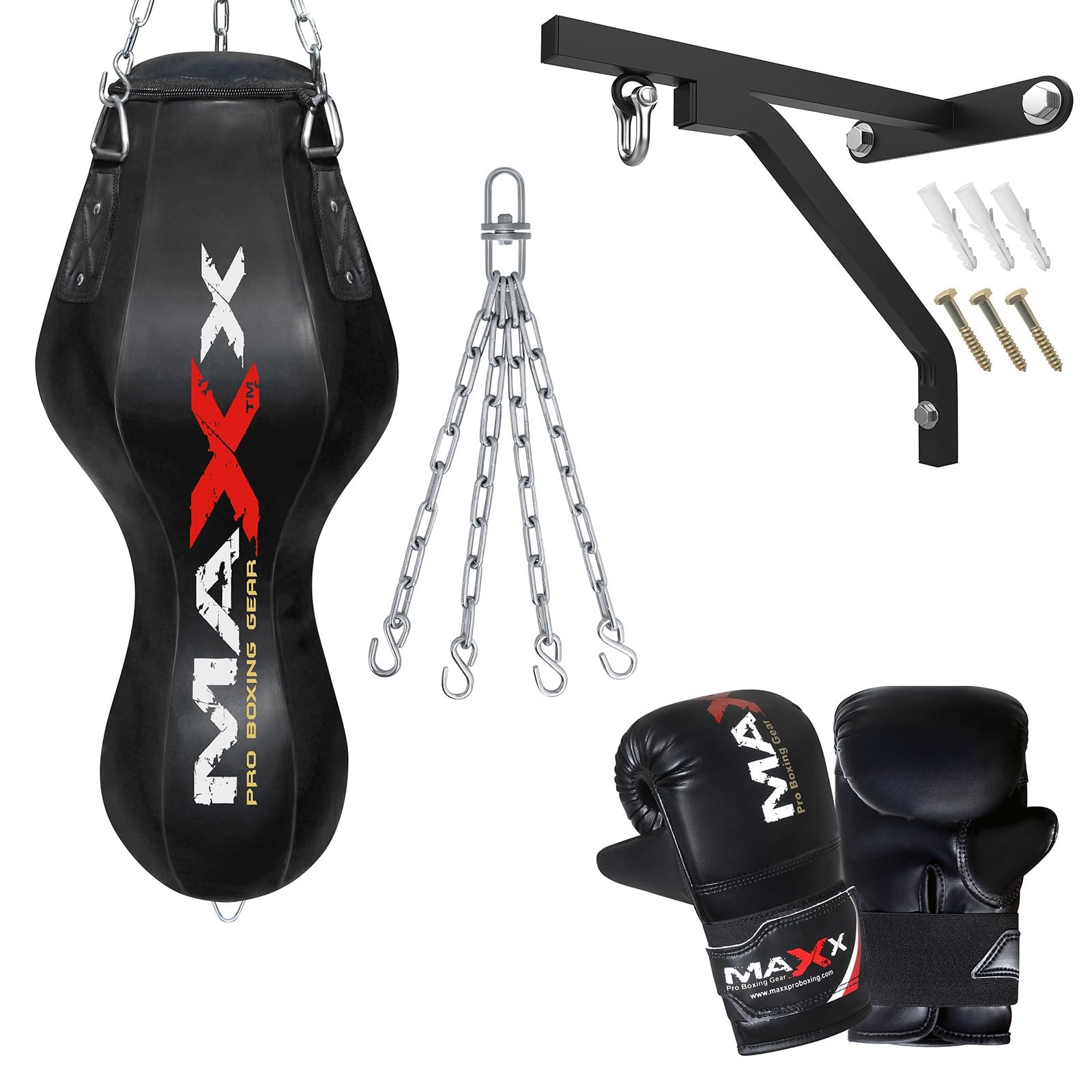 All Black range of Heavy Filled Hanging Boxing Punch Bag, Punchbag Set 5ft, 4ft, 3ft Includes FREE CHAIN (BAG WITH BRACKET+MITTS, Angle Bag)