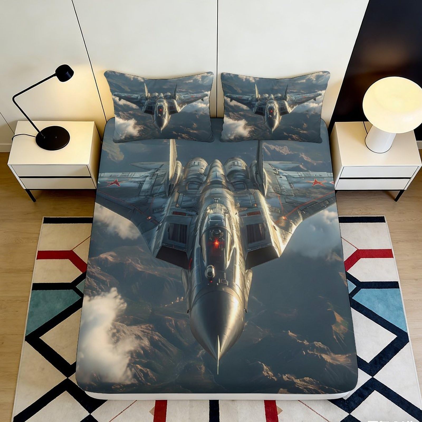 3D Printed Fighter Jet Fitted Sheet Microfiber Deep Pocket Bedroom Bedding Set Non-Slip Warplane Mattress Fitted Cover Washable 90x200x25cm