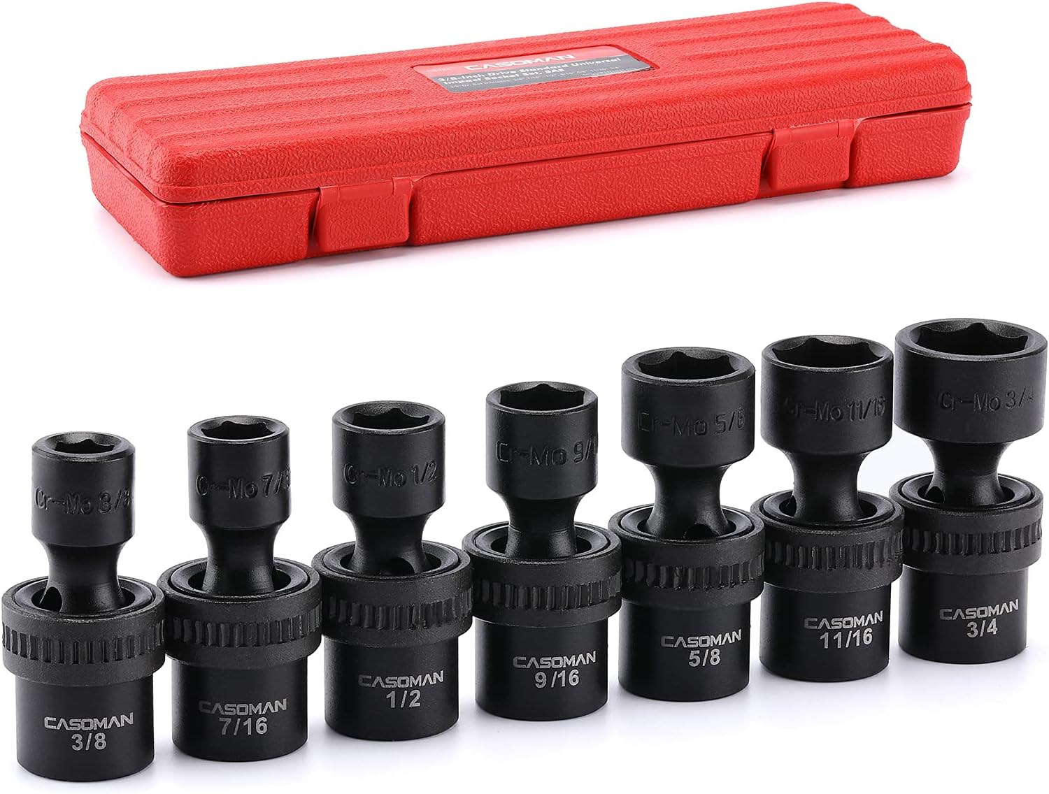 CASOMAN 3/8-Inch Drive Standard Universal Impact Socket Set, SAE, 7 Pieces Set, 3/8-Inch to 3/4-Inch, 6-Point, Cr-Mo, Impact Grade