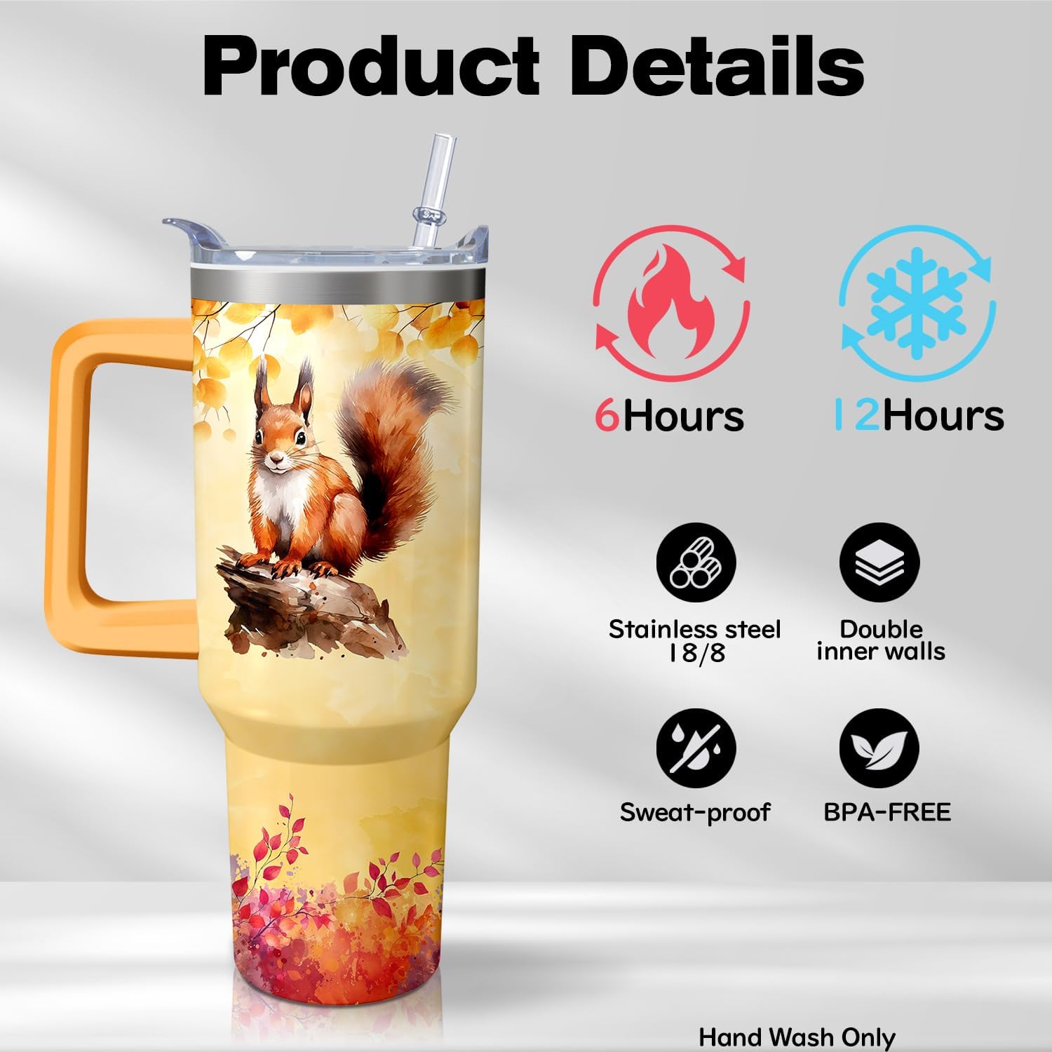 40oz Squirrel Stainless Steel Tumbler with Handle and Straw, Insulated Cup Travel Coffee Mug Water Bottle with Lid and Straw, Animal Lovers Women Gifts - Image 3