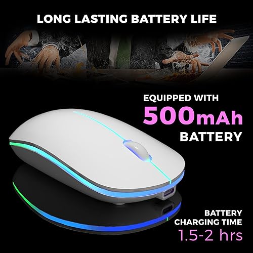 Miniatura 3 de Mouse inalámbrico  Silencioso, recargable, luz RGB, USB de 2.4 GHz, mouse delgado ergonómico para laptop, Mac, oficina, PC