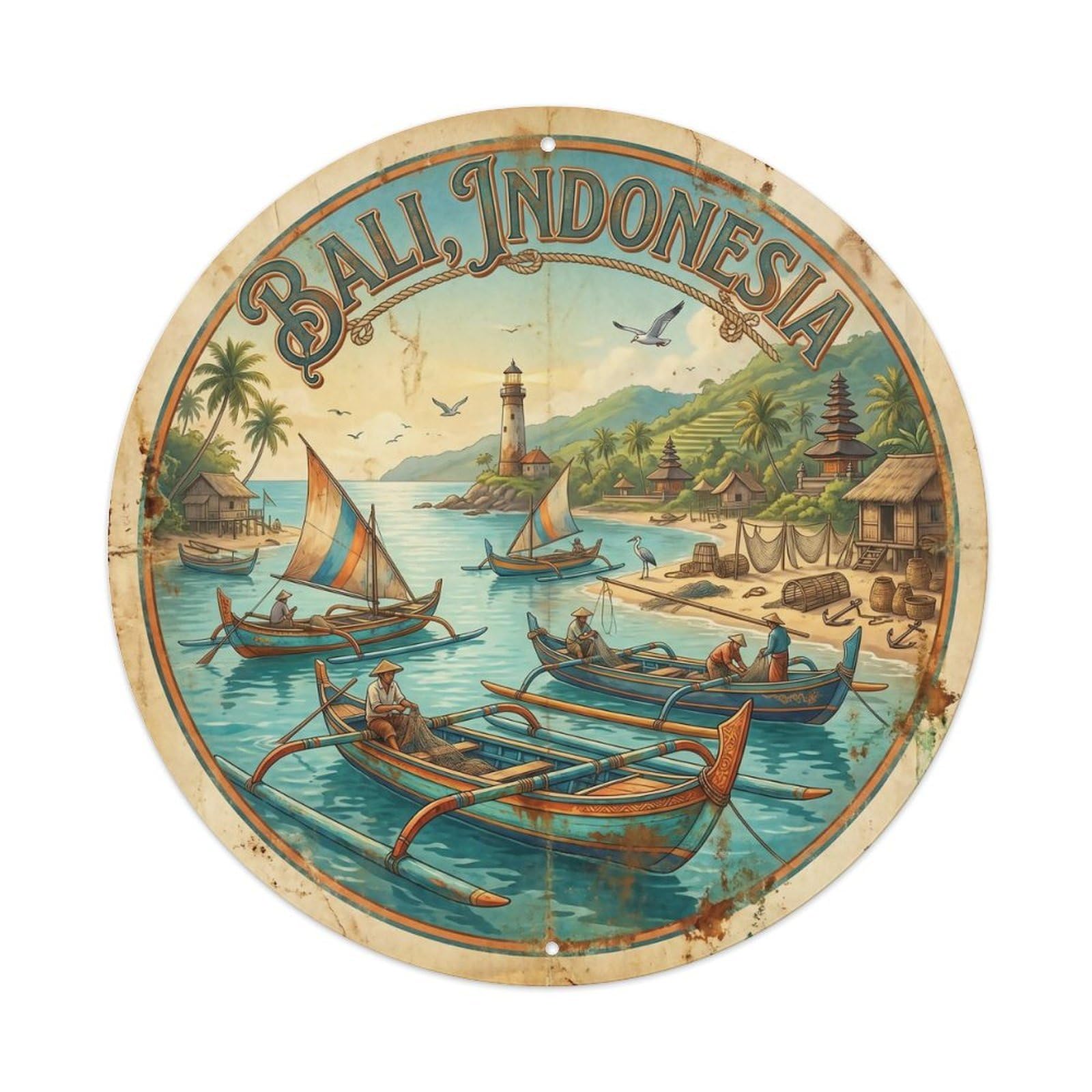 Odgynaw 8X8inch(20X20cm) Bali Fishing Boat Coastal Bay Island Adventure Paddle Metal Tin Sign