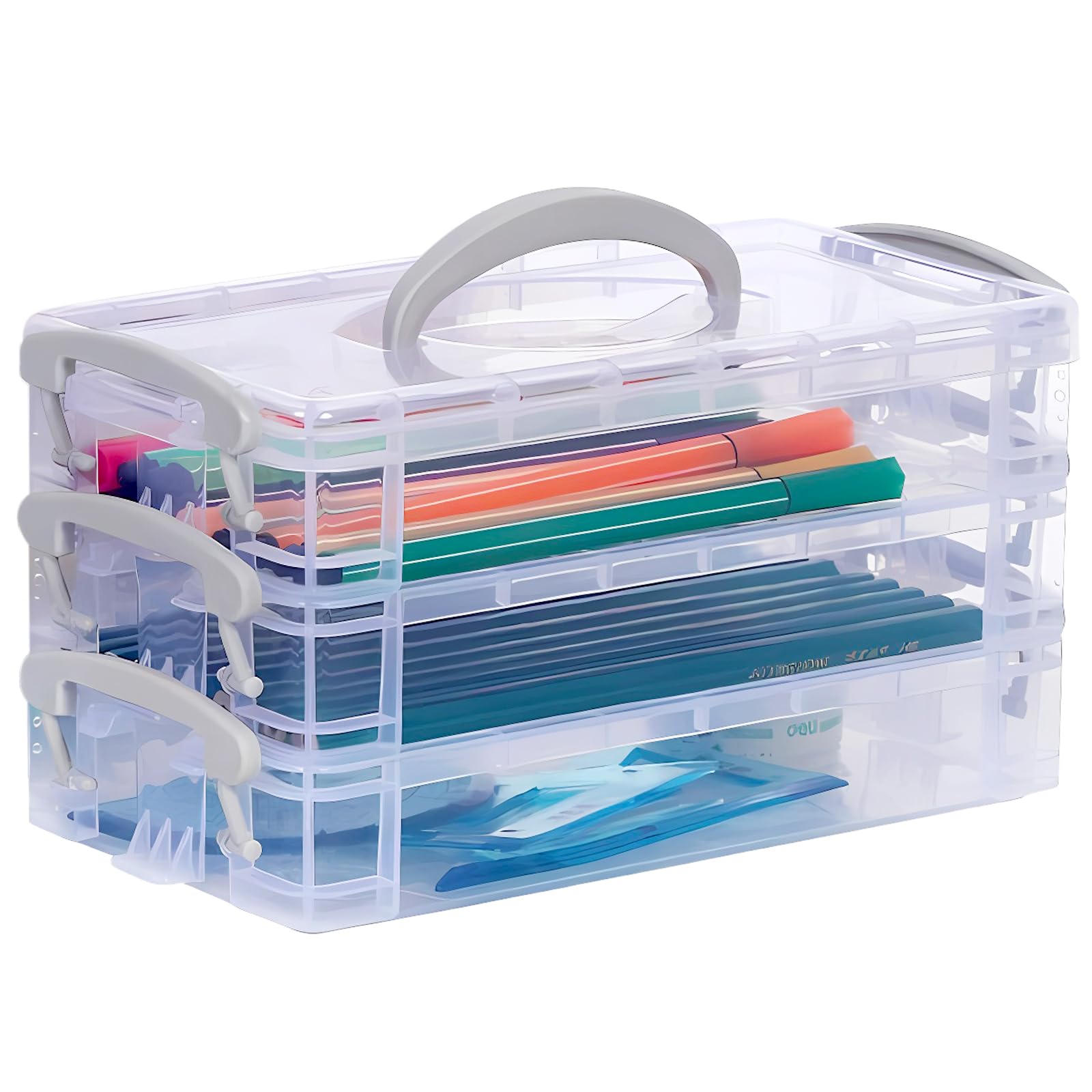 Qualsen 3 Tier Pencil Box with Handle, Stackable Plastic Pencil Case with Snap-Tight Lid, Clear Stationary Organiser for Craft Storage, Art Supply, Office Stationery Supplies, 21 x 10 x 4 cm — image 1