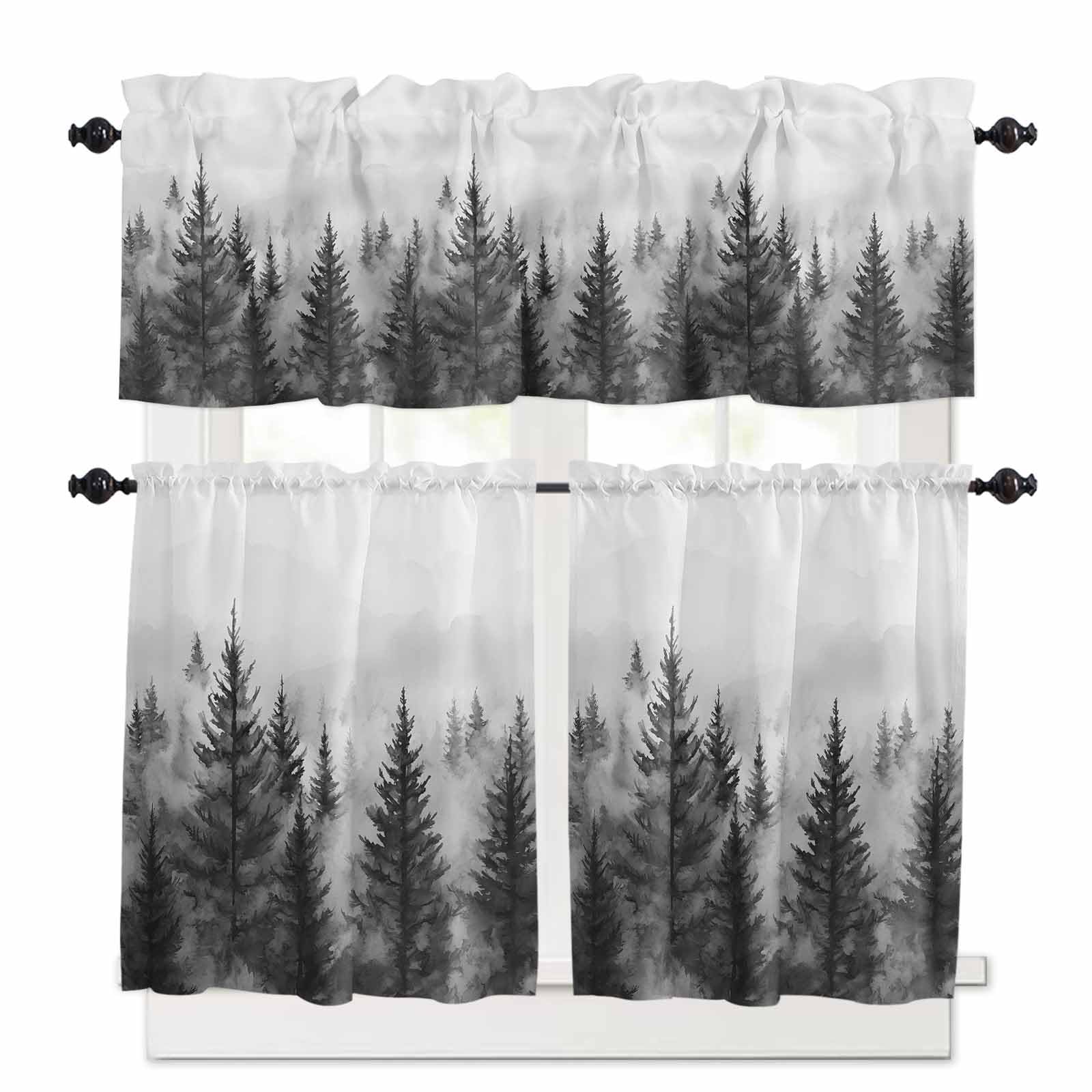 Retro Mist Forest Kitchen Curtains 24 Inch Length,3 Piece Rod Pocket Small Half Tiers and Valance Set,Watercolor Mountains Nature Landscape Small Large Window Treatment Decor for Bedroom/Bathroom