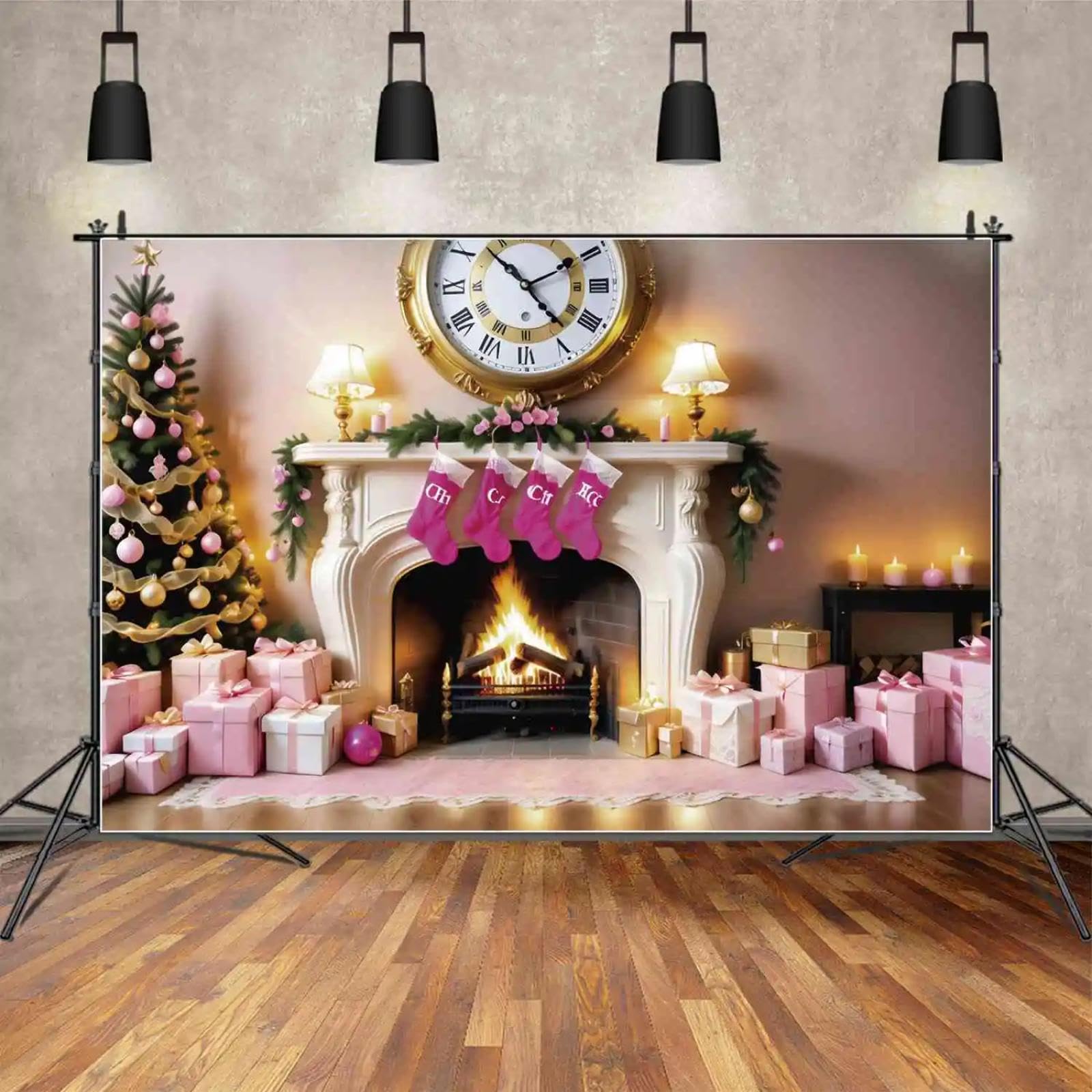 Sfondo Natale Camino Orologio Regali Fotografia di sfondo per la casa Novità Rosa Casa Casa Albero Accessori Foto 350x230cm