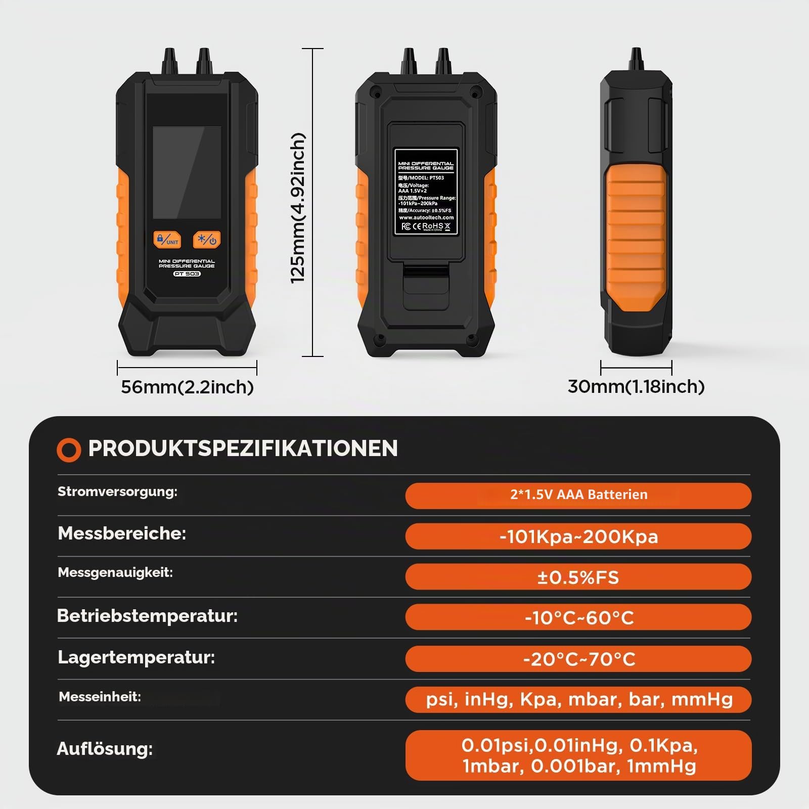 Digitales Differenzdruckmessgerät, -101-200 kPa Manometer ±0,5% FS Hochpräzises Gasdruckmesser 6 Einheiten Schalter Luftdruckmesser, Datenhaltefunktion Mini Differential Pressure Gauge