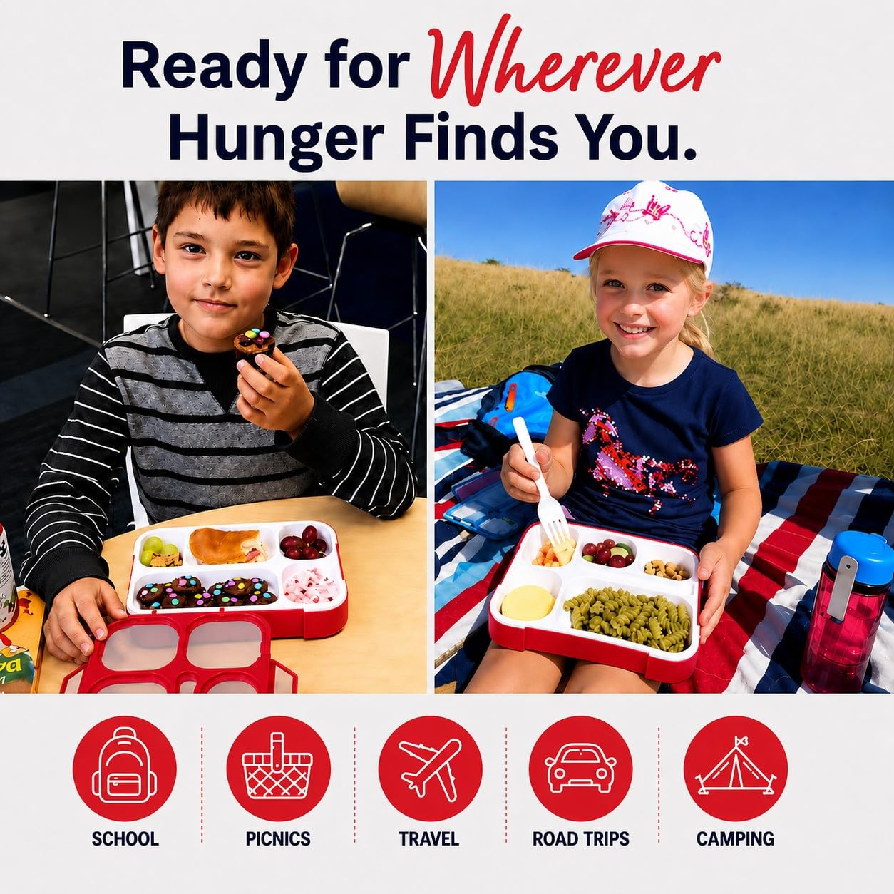 Bento Box pudełko na lunch dla dzieci | pojemniki na przekąski dla dzieci | 6-komorowy pojemnik dla dzieci i dziewcząt i dorosłych, w zestawie naczynia | Czerwony