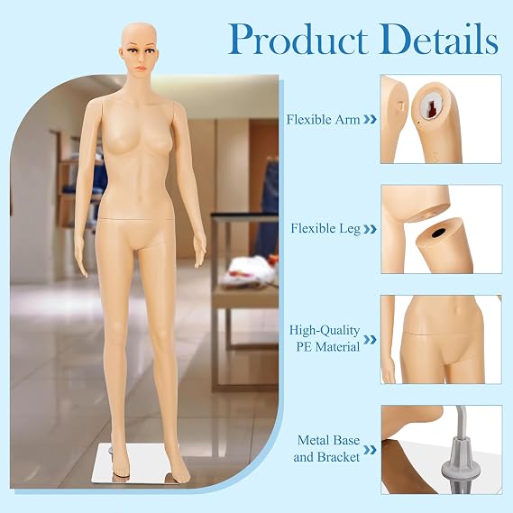 Female Mannequin Full Body with Adjustable Head, Flexible Limbs Detachable Design 69 Dress Form with Metal Base for Clothing Display (Beige, Female)