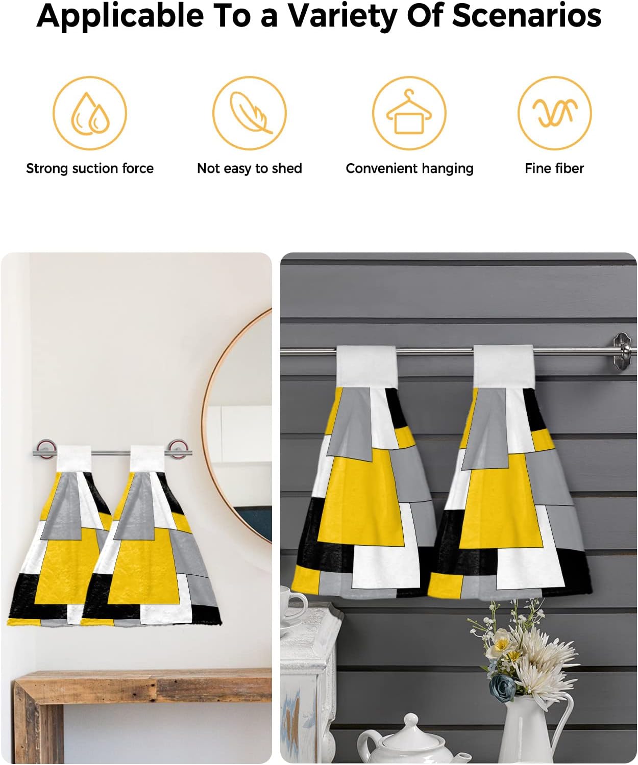 Yellow and Black Modern Color Block Kitchen Hand Towels with Hanging Loops,Geometric Gray White Patckwork Plaid Super Soft Thick Fingertip Dry Microfiber Tie Dish Towel Cleaning Washcloth Set of 2