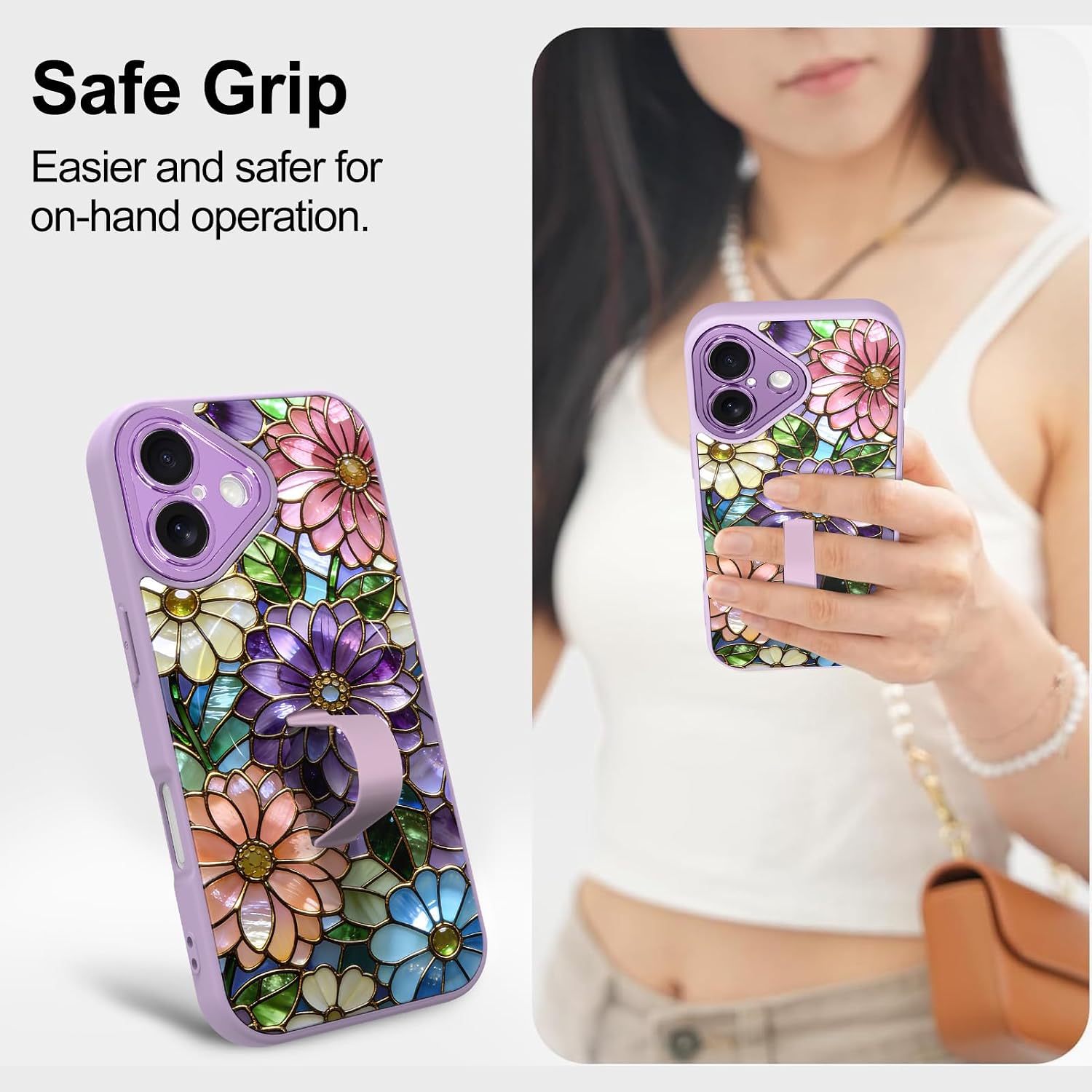 Compatible with iPhone 16 Case with Finger Hand Strap Stand, Cute Aesthetic Flowers Floral Phone Case for Women Men, Compatible with MagSafe Protective Cover, Purple Flowers
