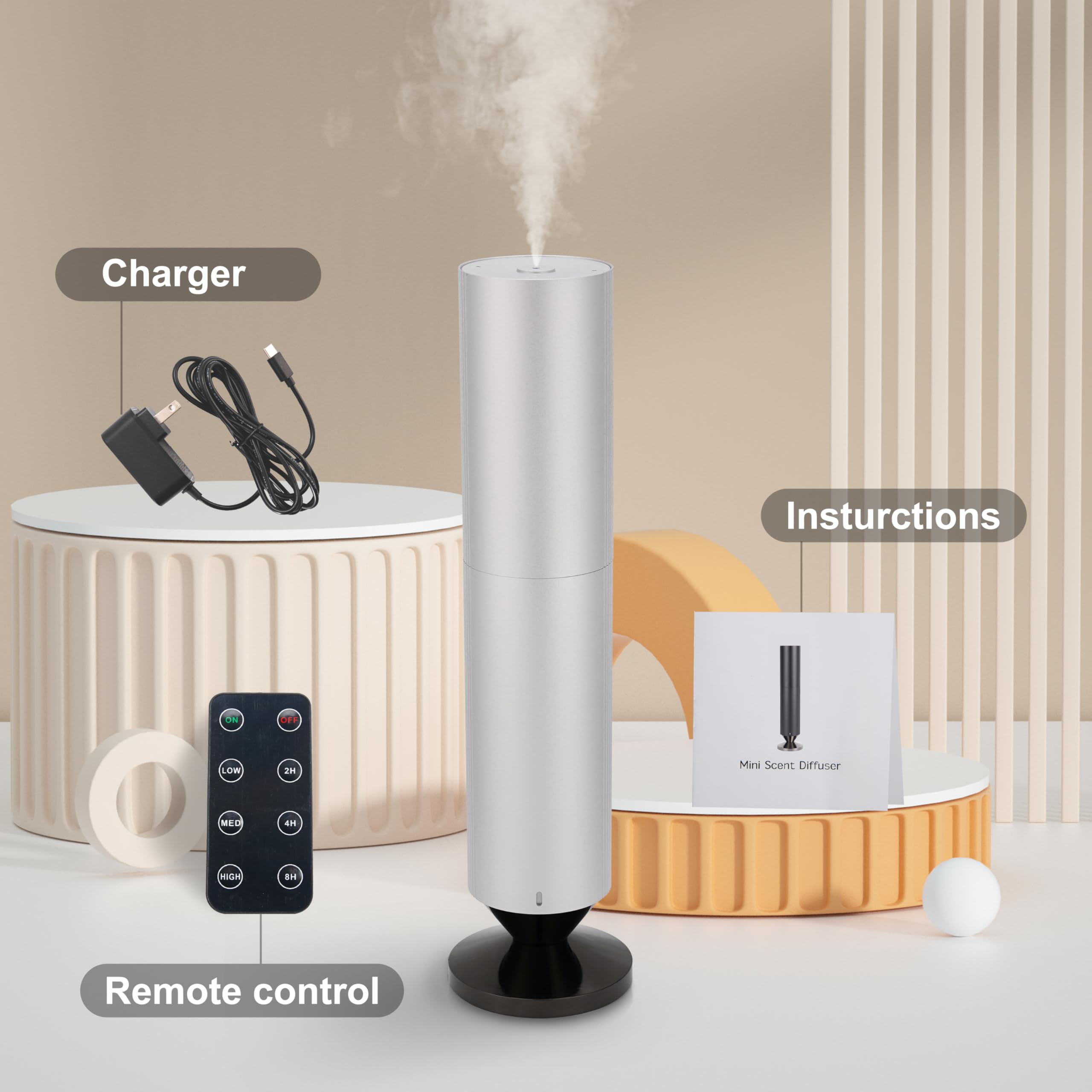 Dyfuzor olejków eterycznych - pilot zdalnego sterowania i sterowanie Bluetooth, wysoka atomizacja 120 ml, wyciszenie, dyfuzory zapachowe do olejków eterycznych (Srebrny)