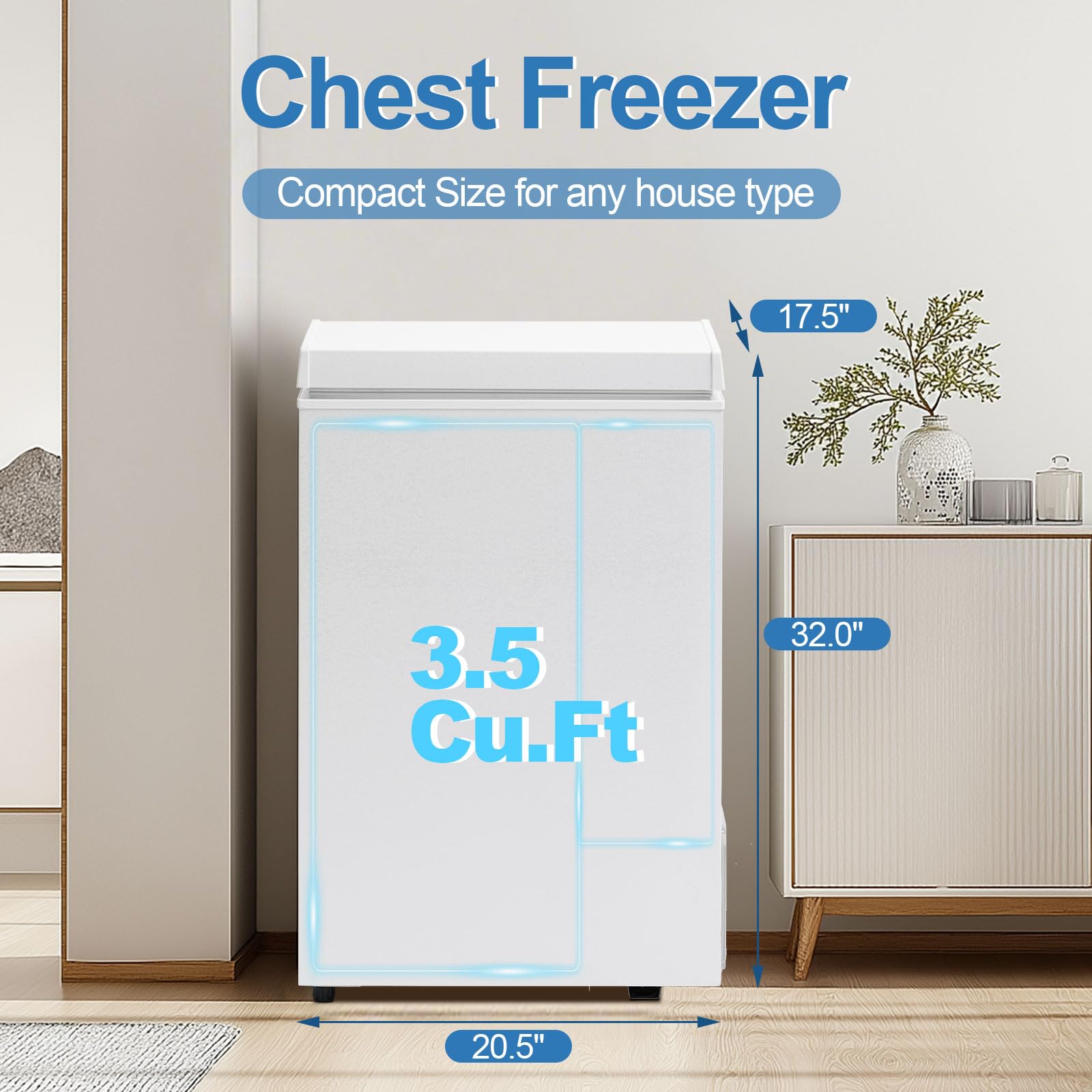 Erivess 3.5 Cu.Ft Chest Freezer - Compact Deep Freezer With Removable Basket, Energy Efficient & Quiet Top Door Design, Mini Freezer Adjustable 7 Thermostat For Home, Apartment, Garage, Dorm (White) on Fridge.com - View 2