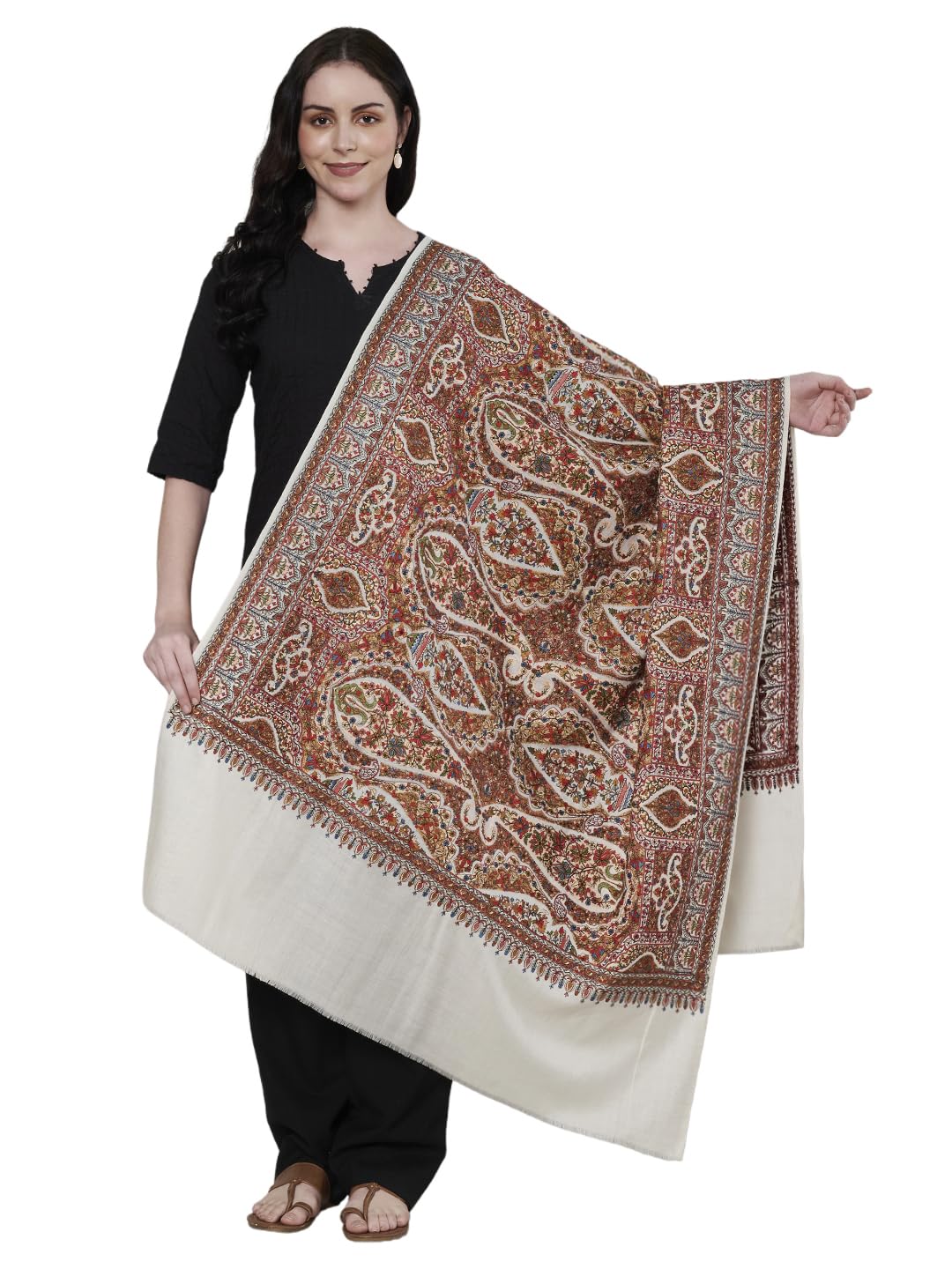 muffly Wool Shawl with Multicolour Paisley Kashmiri Embroidery & Solid Border – Winter Wear Shawls, Festival Wrap for Women-picture-33