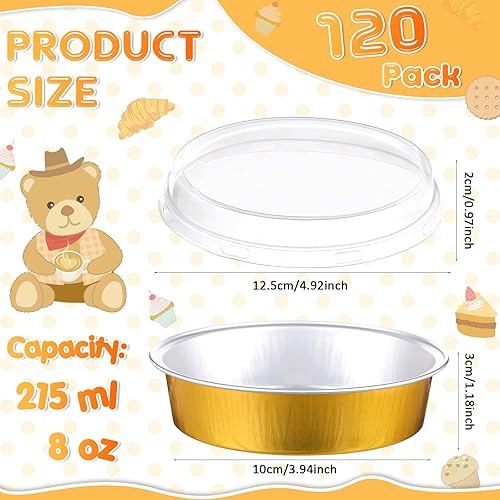 Miniatura 2 de Yinder 120 moldes desechables de 8 onzas con tapas, mini latas de papel de aluminio para tartas de papel de aluminio, recipientes redondos