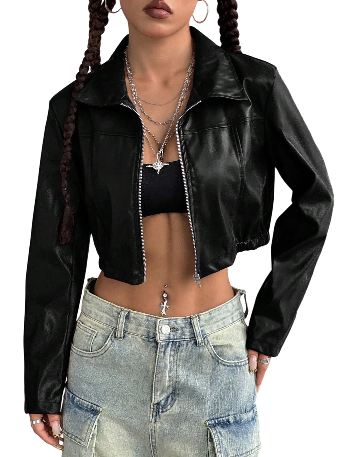 GORGLITTER Lederjacke Damen Y2k Jacke Kurz Motorradjacke Langarm Bikerjacke