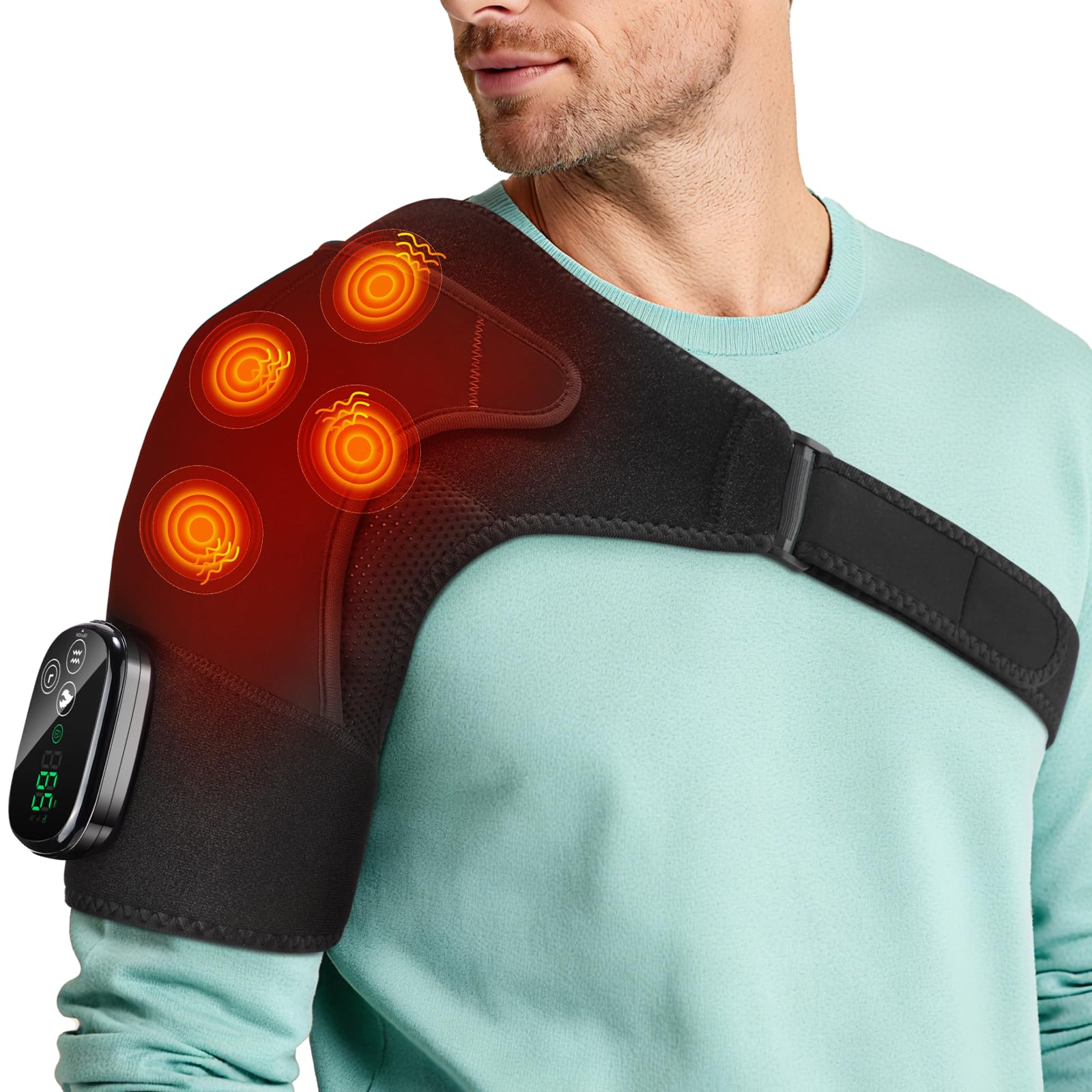 Coussinet Massant pour Épaules Chauffant Sans Fil, Attelle Chauffante pour Épaules Portable Avec Contrôle Écran Tactile, 5 Niveaux Chaleur, 5 Modes Vibration, Minuterie, 5000mAh, 4 Moteurs-Noir
