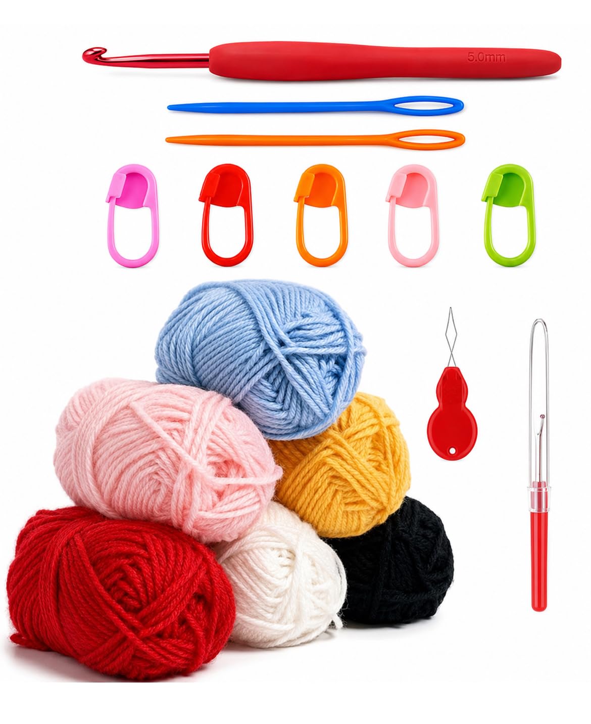 16 Pcs Complete Crochet Kit for Beginners Adults &Kids All-in One Crochet Starter Kit 6 Random Multicolour Yarn,Crochet Hook,5 Stitch Markers,1 Needle Threader,2 Knitting Needles Crocheting Kit-image-6