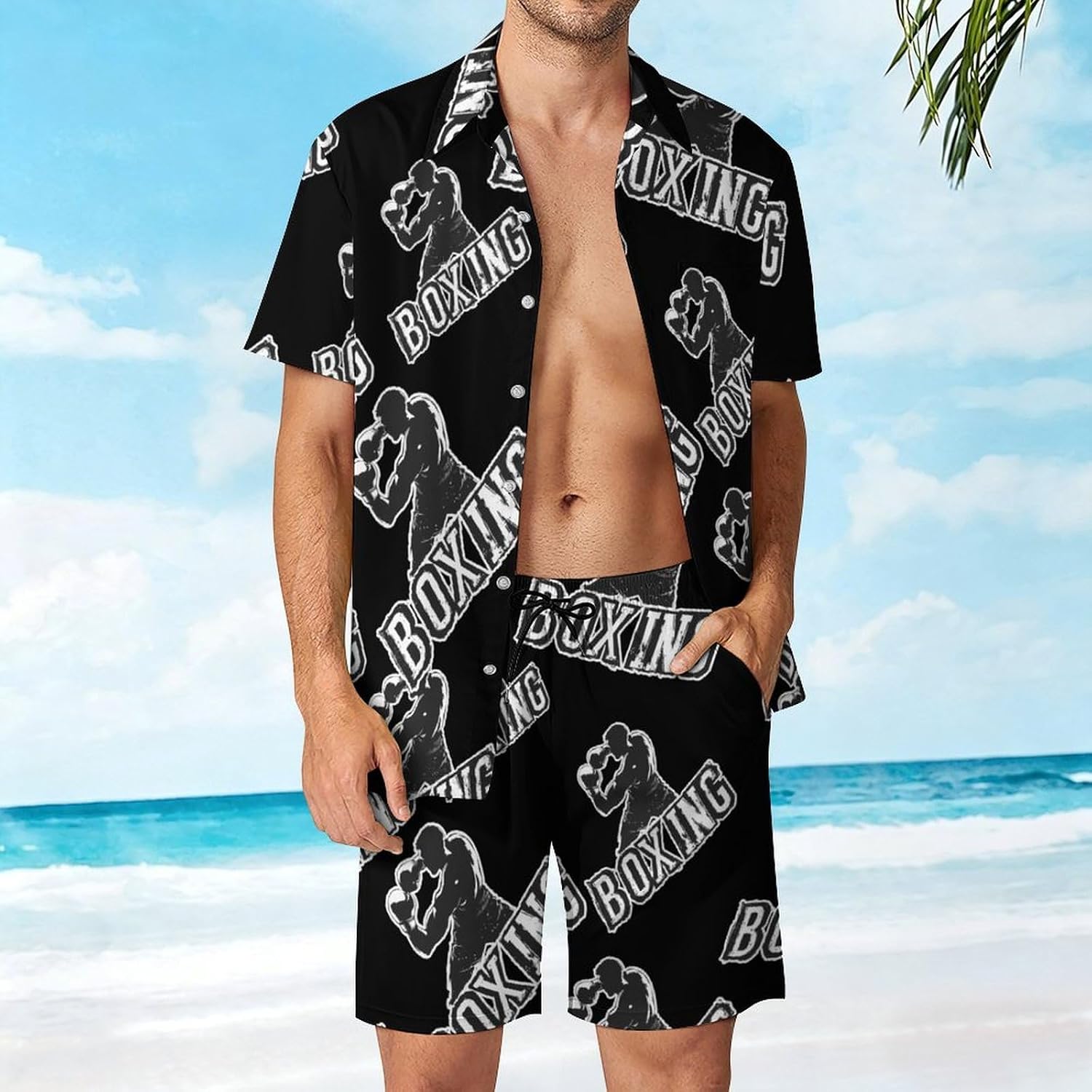 Boxing Boxer Men's Summer Beach 2 Piece Outfits | hawaiian button down shirt and shorts,vacation cruise,mens bathing suit