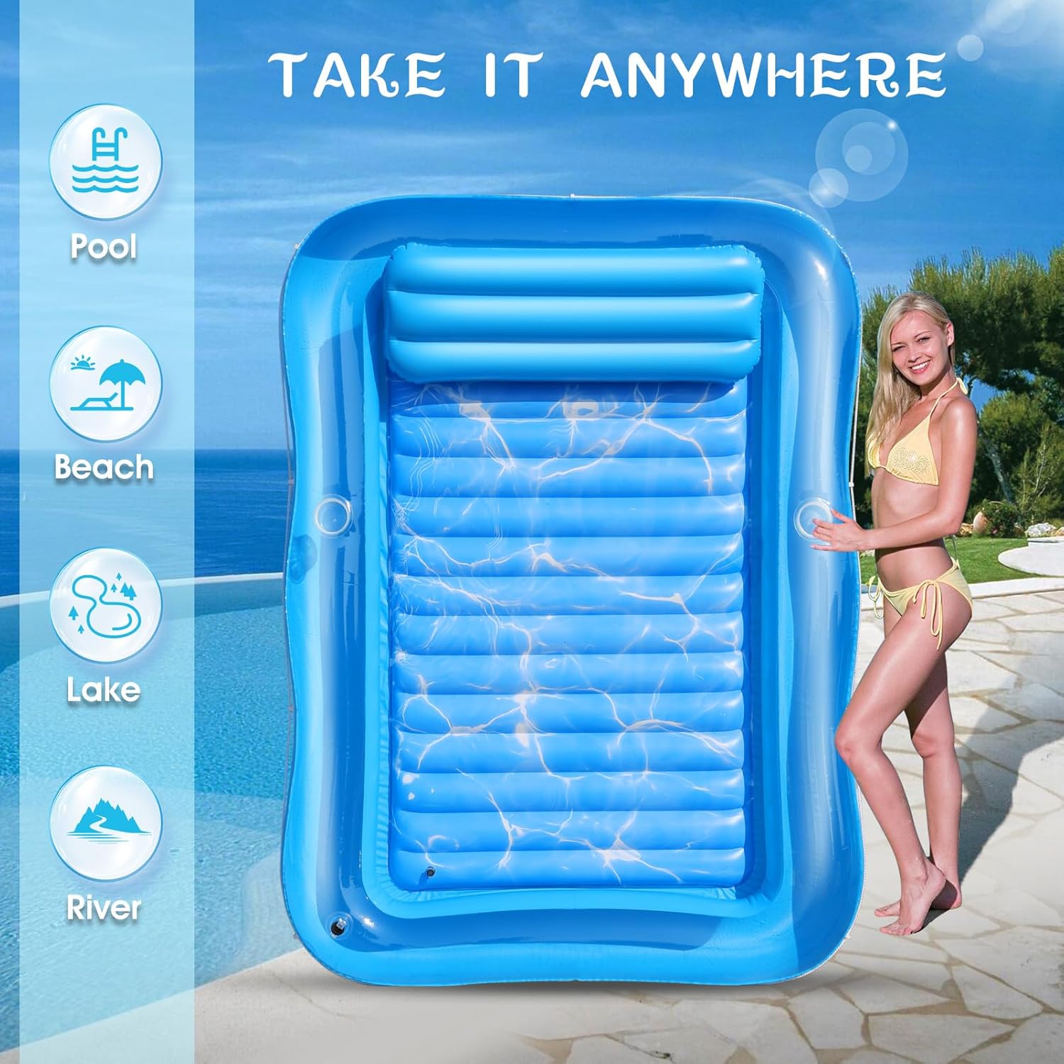 Inflatable Tanning Pool for 2 Person, 81''x 60'' Tanning Pool Lounger Float with Pillow, Thicken Sutan Tanning Bed Pool Floats Adult w/2 Cup Holders, Water Tanning Pools for Backyard Lake Party