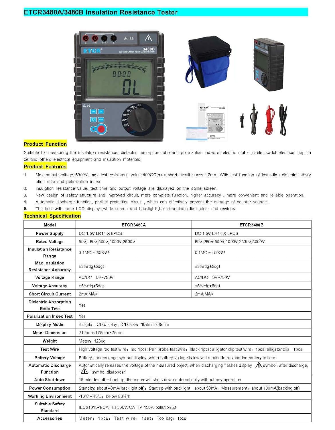 Insulation Resistance Tester ETCR3460A/B ETCR3480A/B Insulation Resistance Tester up to 5KV,0.1MΩ- 400GΩ (ETCR3480A)