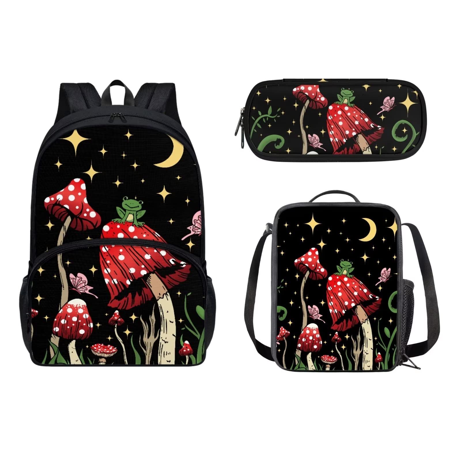 POLERO Mochila escolar de caballos para niños, juego de bolsas de almuerzo, estuche para lápices, 3 piezas, bolsas escolares, Rana de hongos Moon Star, Talla única, Mochila infantil