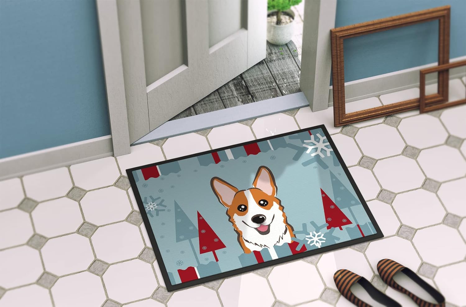 Caroline's Treasures BB1750JMAT Winter Holiday Red Corgi Doormat 24x36 Front Door Mat Indoor Outdoor Rugs for Entryway, Non Slip Washable Low Pile, 24H X 36W