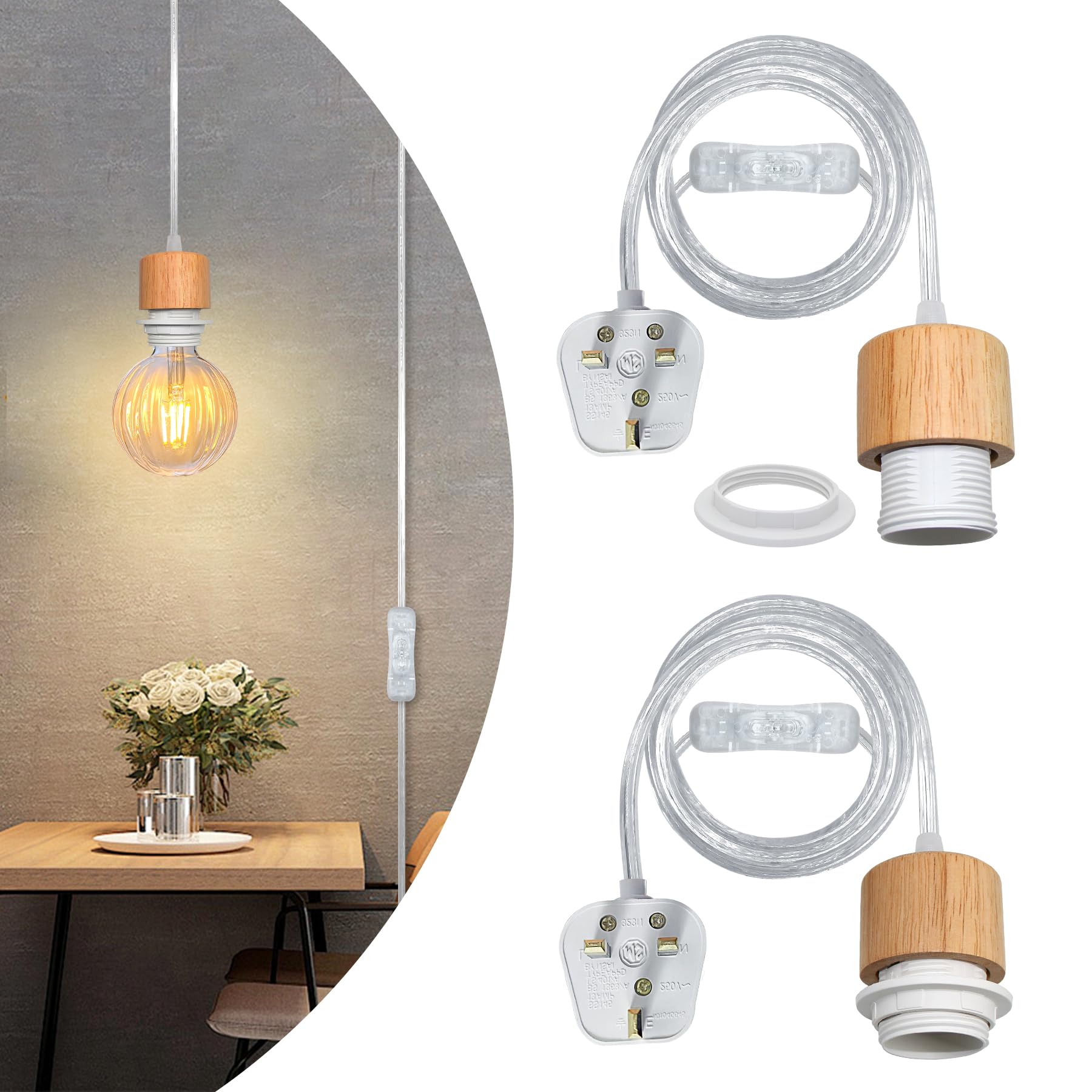 WPQIUZS 2 Pack Plug in Pendant Light, 500CM Transparent Cable, E27 Lamp Holder with Switch, Plug in Ceiling Light