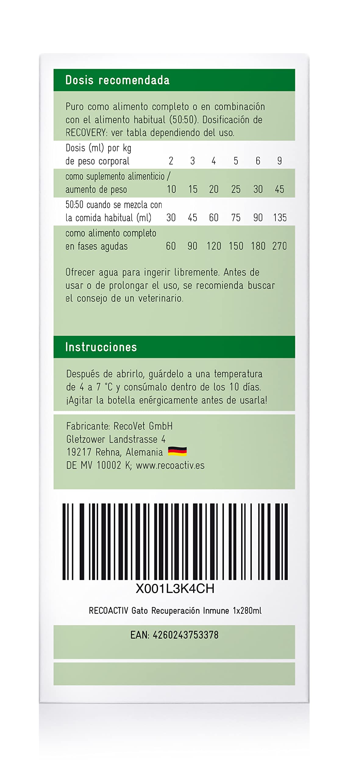 RECOACTIV Recovery Inmune para Gatos, 1 x 280 ml, alimento dietético Completo de Alto Contenido calórico para la desnutrición y la convalecencia y para el Aumento de Peso