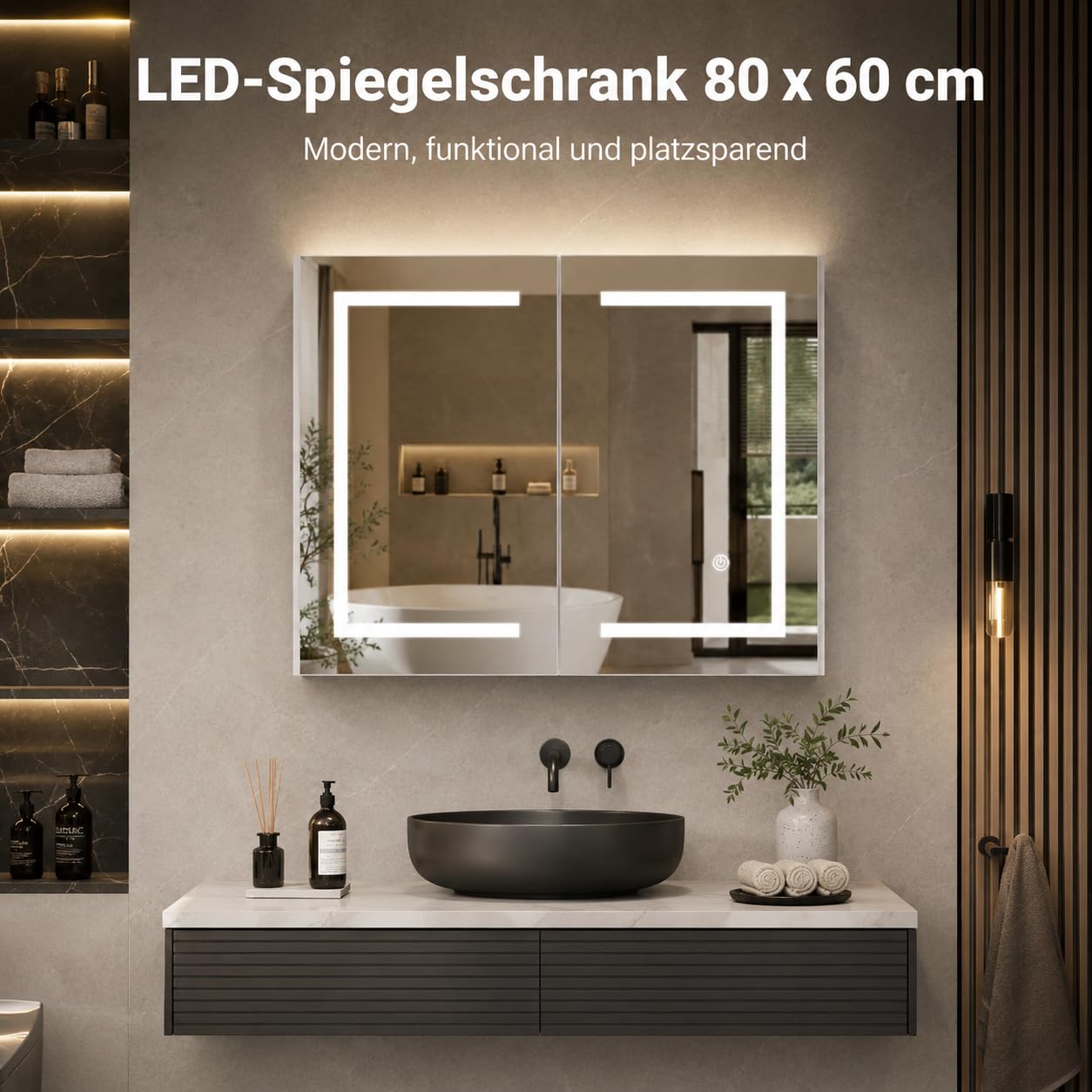Spiegelschrank Bad Mit Beleuchtung, Alibertschrank Bad Mit Beleuchtung, 80cm Badezimmer Spiegelschrank, Spiegel Und Ablage Verstellbarer, Spiegelschränke Fürs Bad, Hängeschrank, Doppeltür (Weiß-80cm)