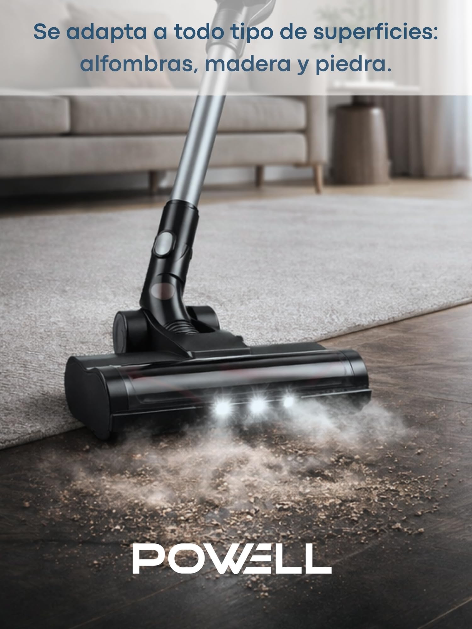 Powell Aspiradora Sin Cable 2 en 1, Plata/Negro | Aspiradora Escoba Ligera, 12KPa, 30 Min de Autonomía, Para Suelos Duros, Alfombras, Coche y Pelo de Mascotas