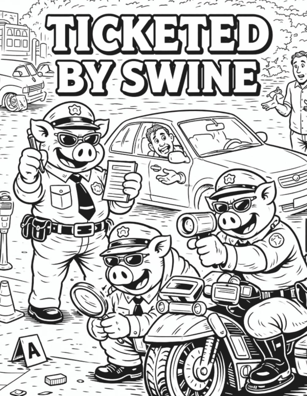 Ticketed by Swine: Ticketed by Swine: An Adult Coloring Book of Petty Crime and Pig Justice