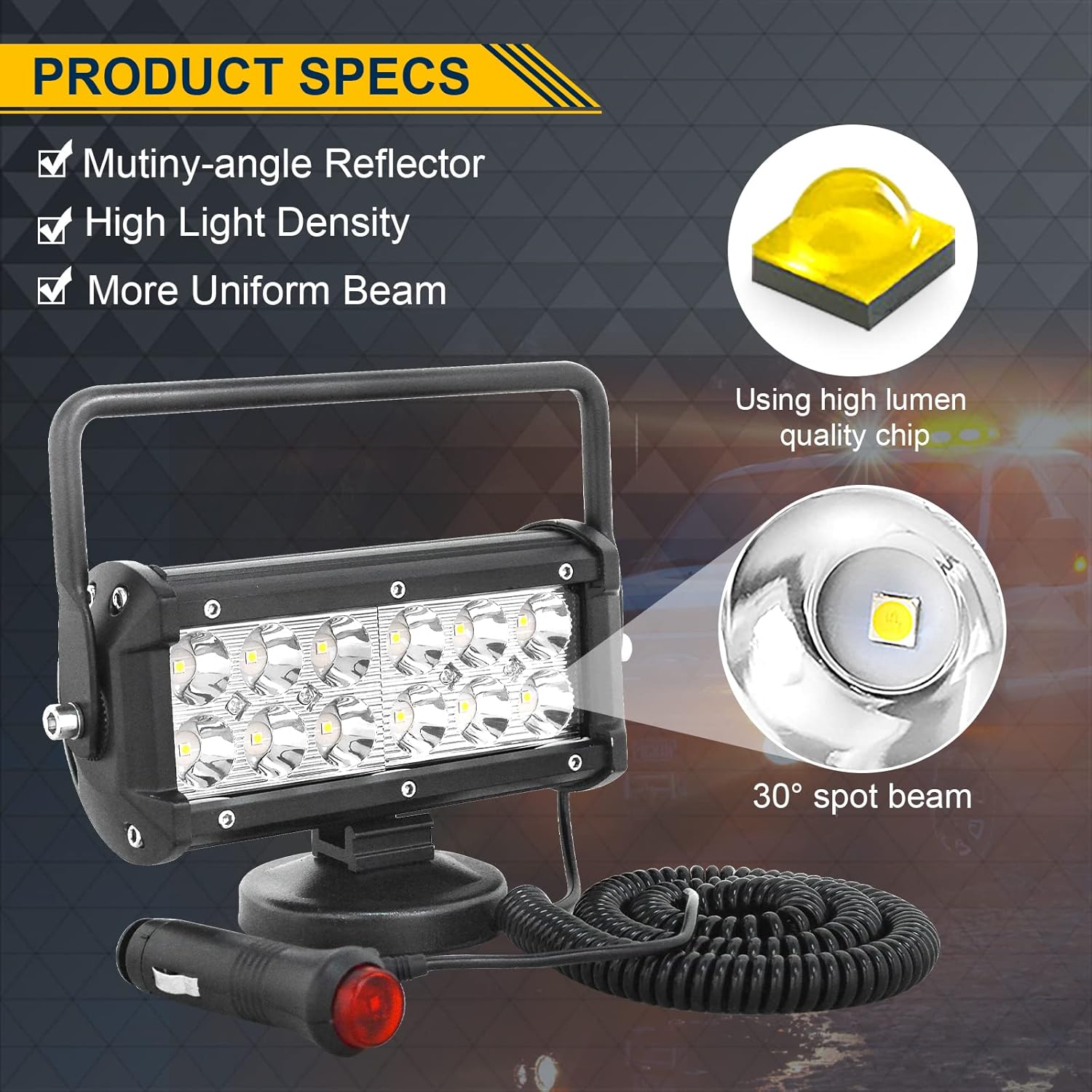 SKYWORLD Magnetic Led Work Light 12V, 1PCS 7 Inch 36W Spot Off Road Driving Fog Lamp, Portable Magnetic Base Holder for Car SUV Trailer Tractor Truck Engineering Maintenance Garage Camping