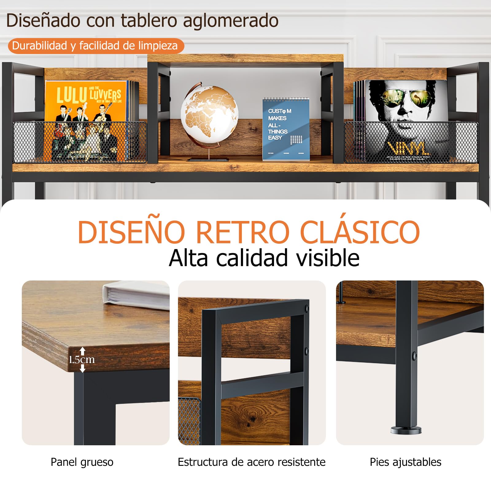 Mobile per giradischi con archiviazione in vinile, scaffale retrò a 3 livelli per CD e DVD, supporto per lettore di dischi e altoparlanti, capacità 350 LPs, 116,5 × 37 × 77,5 cm
