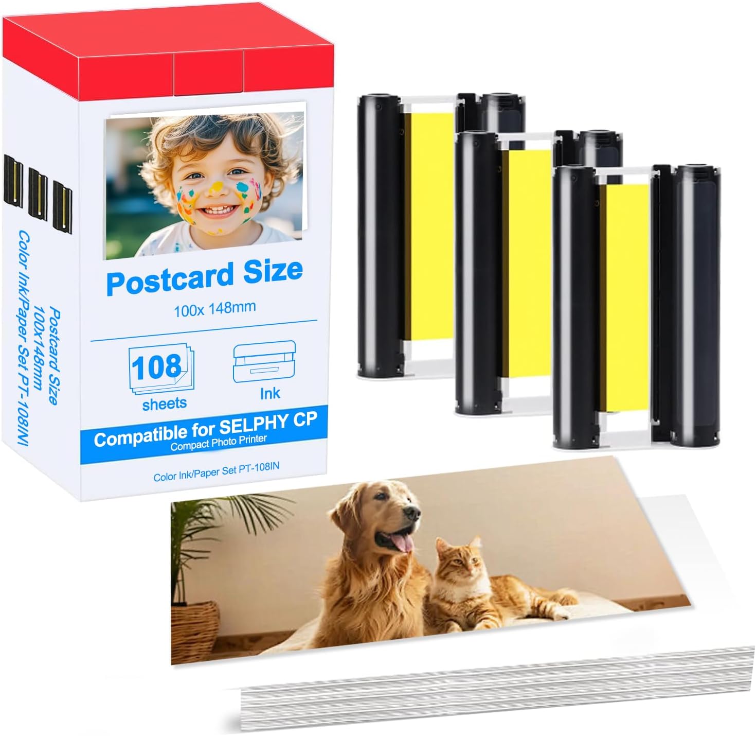 Compatible for Selphy KP-108IN KP108 3-Pack Color Ink Cartridges and 108 Sheets Paper Compatible for Canon Selphy CP1200 CP1000 CP910 CP900 CP810 Printer