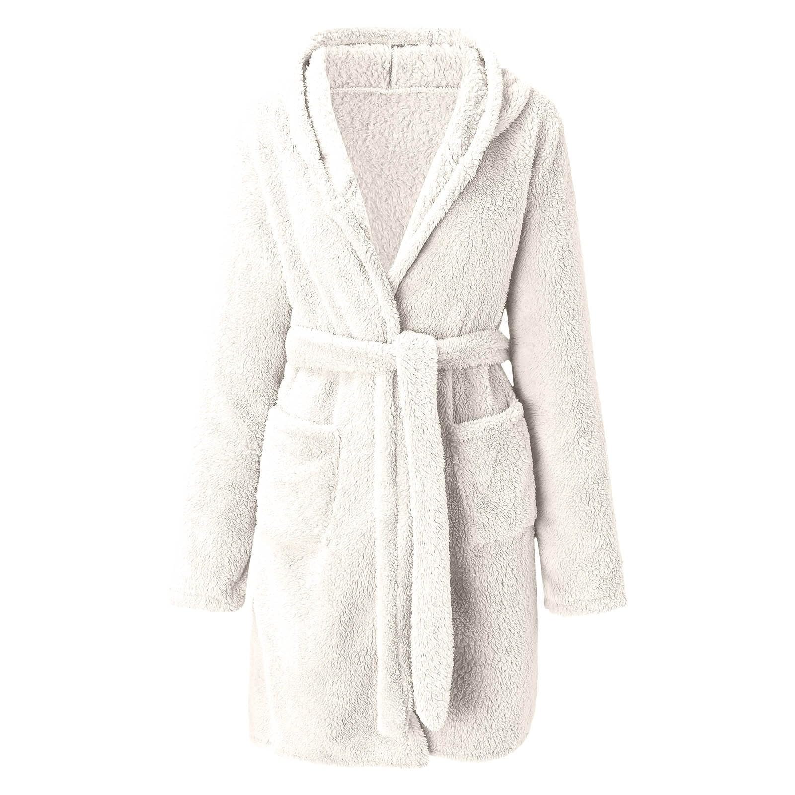Albornoz de Ducha Blanco Liso con Capucha para Mujer - Bata Suave y Esponjosa con Cintura - Ropa de Dormir y para Estar En Casa Cálida y Cómoda para El Invierno