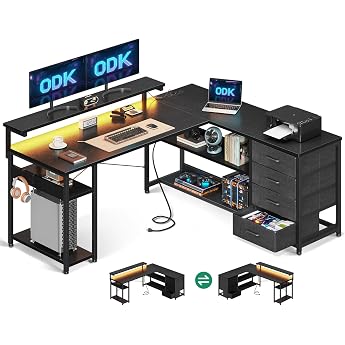 ODK Corner Desk with 4 Fabric Drawers &amp; LED, 135 x 110 cm, Black | Corner Table with Socket &amp; USB L Shape, Desk with Storage 